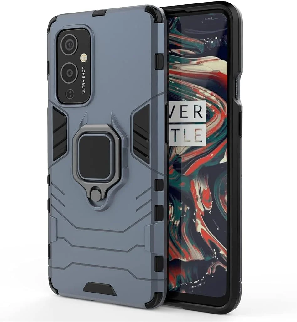 قاب محافظ گوشی موبایل میجین سازگار با وان پلاس 9 5G، با حلقه فلزی، استند و ضربه گیر (سازگار با هولدر مغناطیسی خودرو)، دو لایه و مقاوم (آبی تیره)