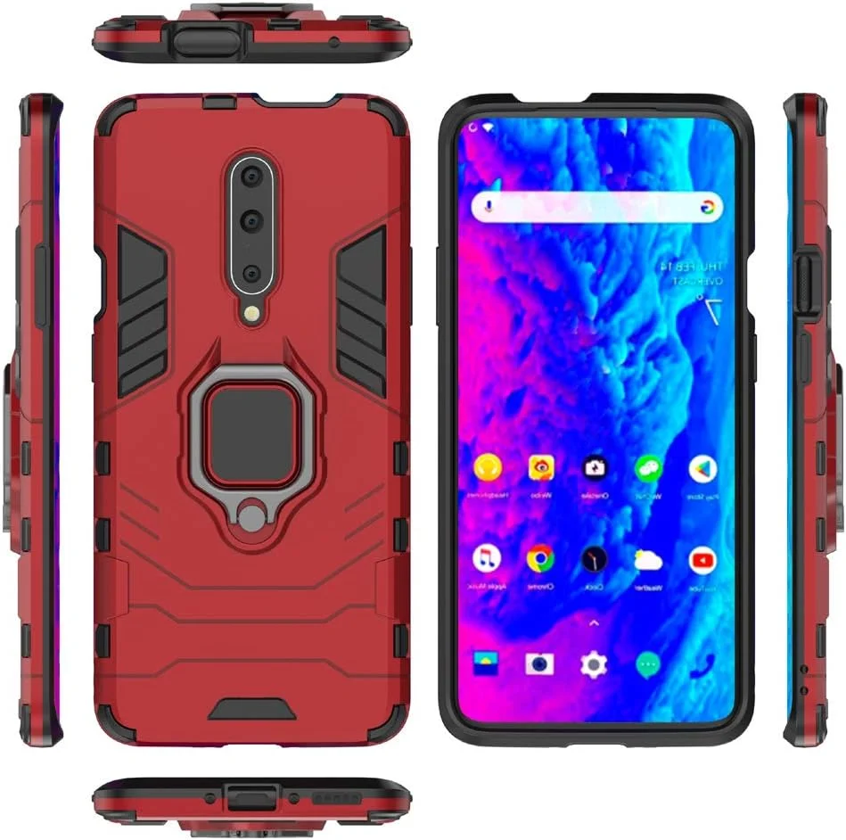 کاور محافظ گوشی وان پلاس 7 پرو به همراه محافظ صفحه نمایش شیشه ای، کاور محافظ ضد ضربه و مقاوم با پایه تاشو، قرمز