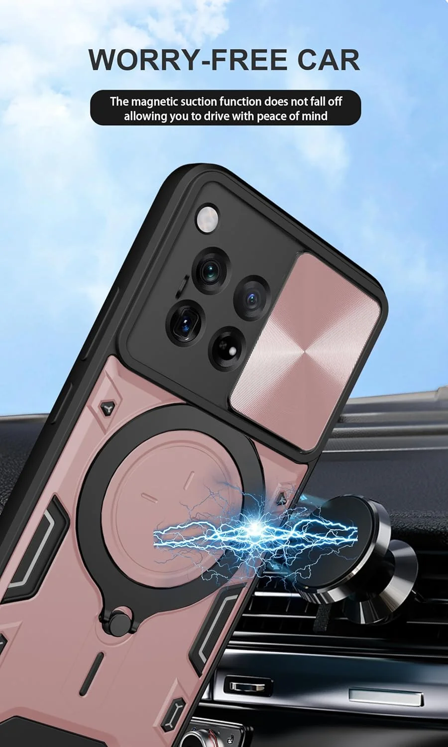 پایه انگشتی مغناطیسی Tazweeq، سازگار با هولدرهای مغناطیسی خودرو، محافظت از دوربین، ضد ضربه، ضد اثر انگشت، ضد خش، پوشش ضد لغزش (رزگلد، سازگار با Oneplus 12)