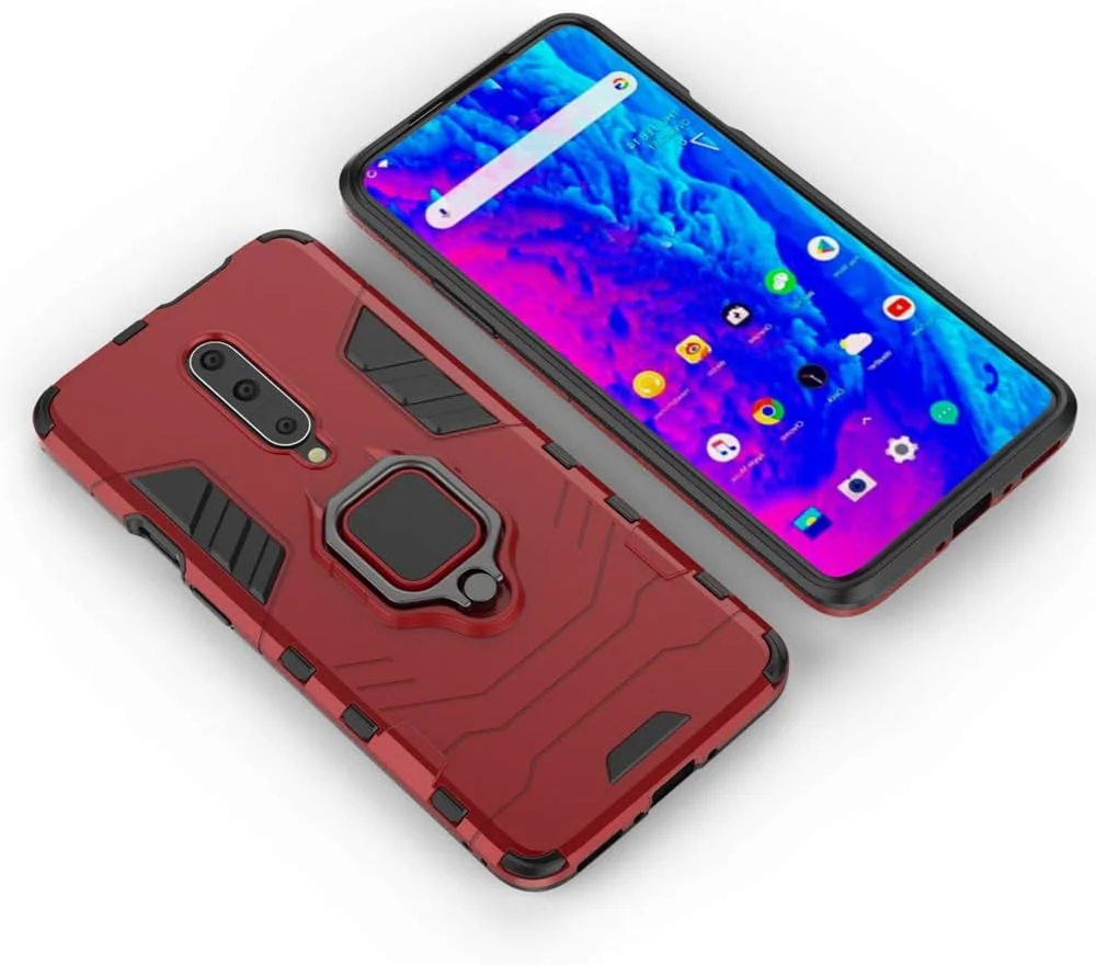 کاور محافظ گوشی وان پلاس 7 پرو به همراه محافظ صفحه نمایش شیشه ای، کاور محافظ ضد ضربه و مقاوم با پایه تاشو، قرمز
