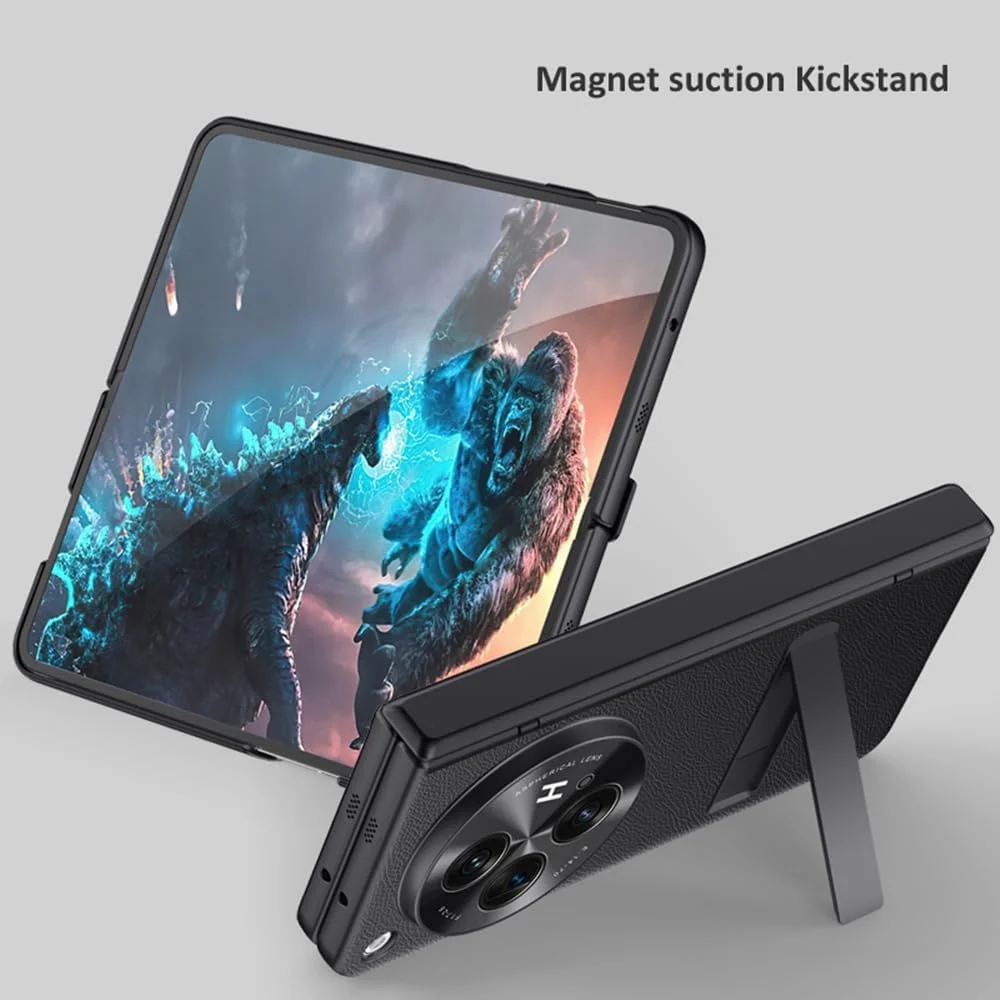 قاب محافظ چرمی ضد ضربه گوشی وان پلاس اوپن/اوپو فایند N3، با محافظ لولا، محافظ صفحه نمایش و استند (مشکی)