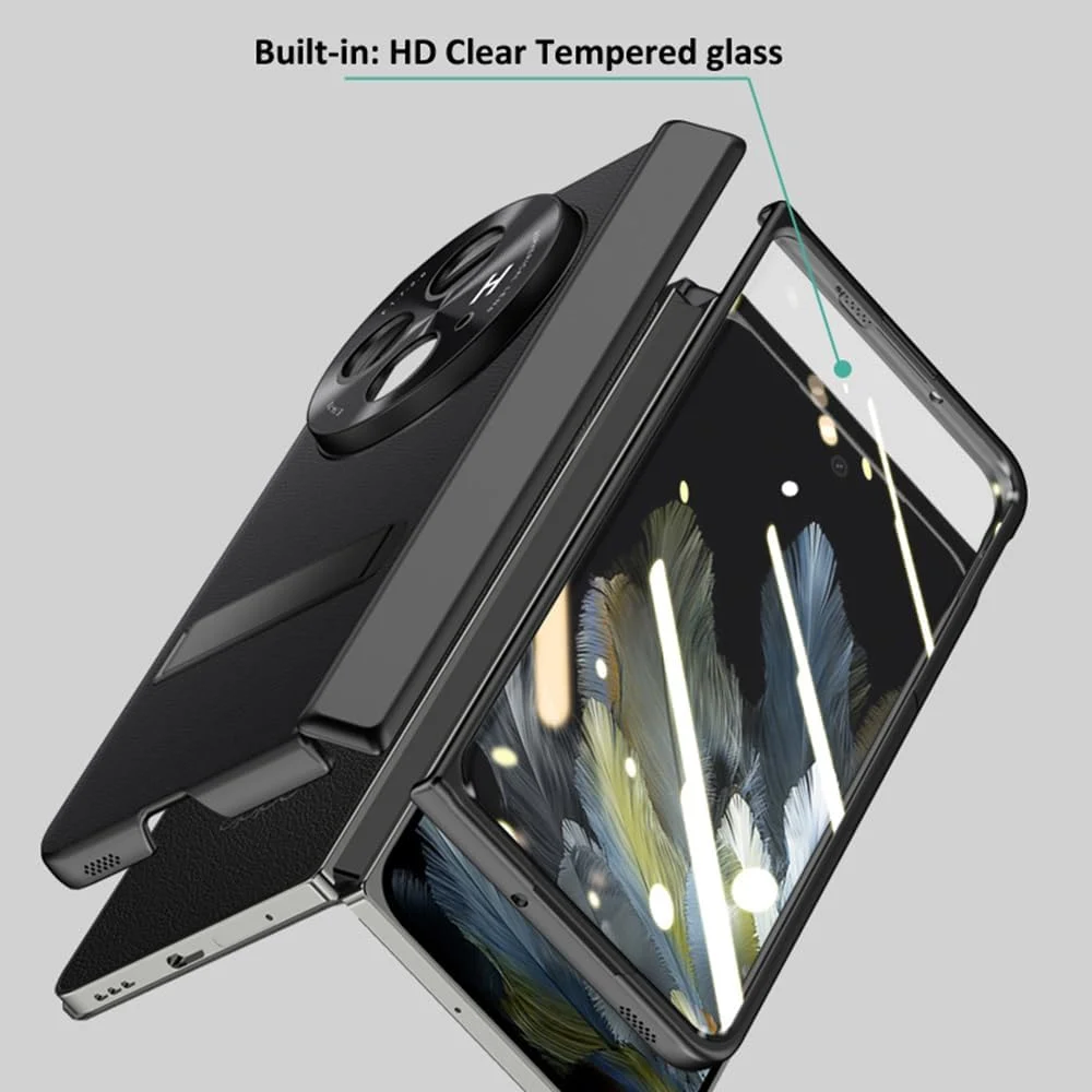 قاب محافظ چرمی ضد ضربه گوشی وان پلاس اوپن/اوپو فایند N3، با محافظ لولا، محافظ صفحه نمایش و استند (مشکی)