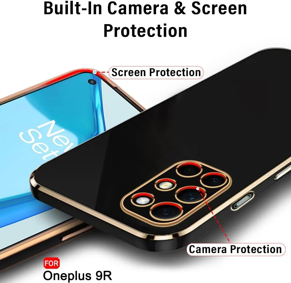 قاب پشتی با روکش طلایی لوکس TheGiftKart برای OnePlus 9R 5G | لبه های برجسته برای محافظت از دوربین و صفحه نمایش | طراحی ضد ضربه | قاب پشتی شیک برای OnePlus 9R (TPU، مشکی) قاب پشتی با روکش طلایی لوکس TheGiftKart برای OnePlus 9R 5G | لبه های برجسته برای محافظت از دوربین و صفحه نمایش | طراحی ضد ضربه | قاب پشتی شیک برای OnePlus 9R (TPU، مشکی)