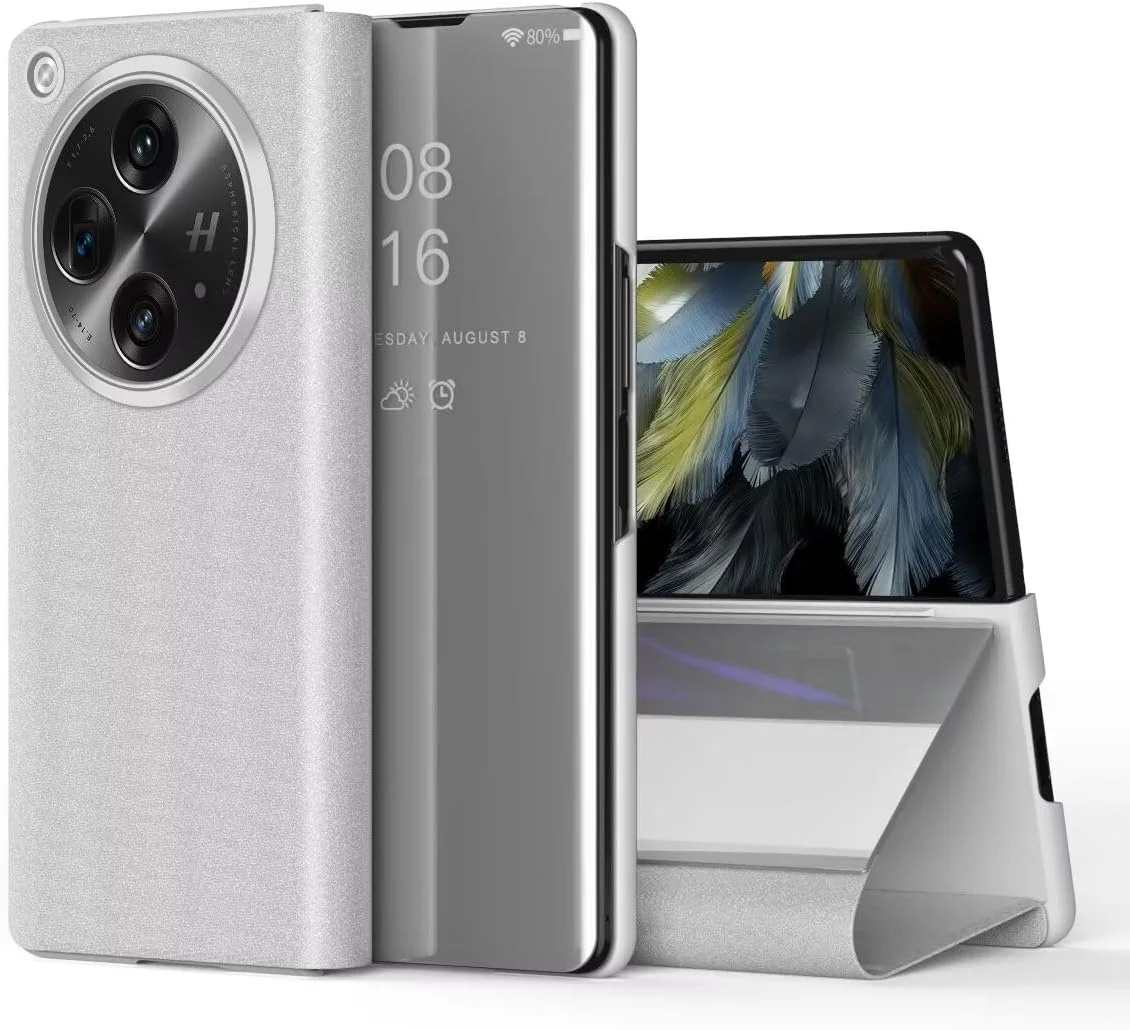 کاور محافظ گوشی وان پلاس اوپن، کاور هوشمند تاشو چرمی و نیمه شفاف فوق العاده نازک، به همراه پایه نگهدارنده، مناسب برای وان پلاس اوپن (نقره ای)