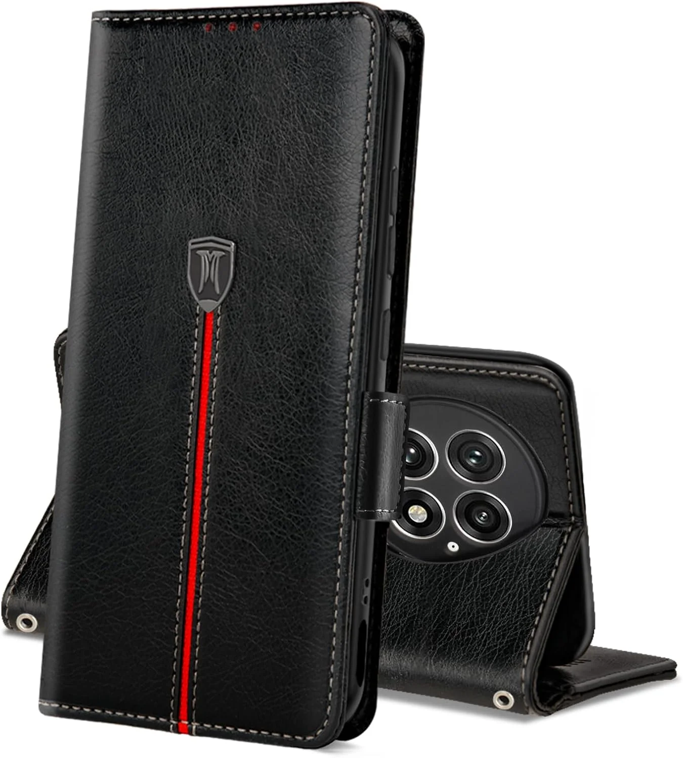 کیف پول چرمی MAMA MOUTH برای گوشی وان پلاس 13 5G، کاور محافظ TPU سیلیکونی با بامپر، دارای اسلات کارت مغناطیسی، پایه تاشو و ضد ضربه - مشکی تیره