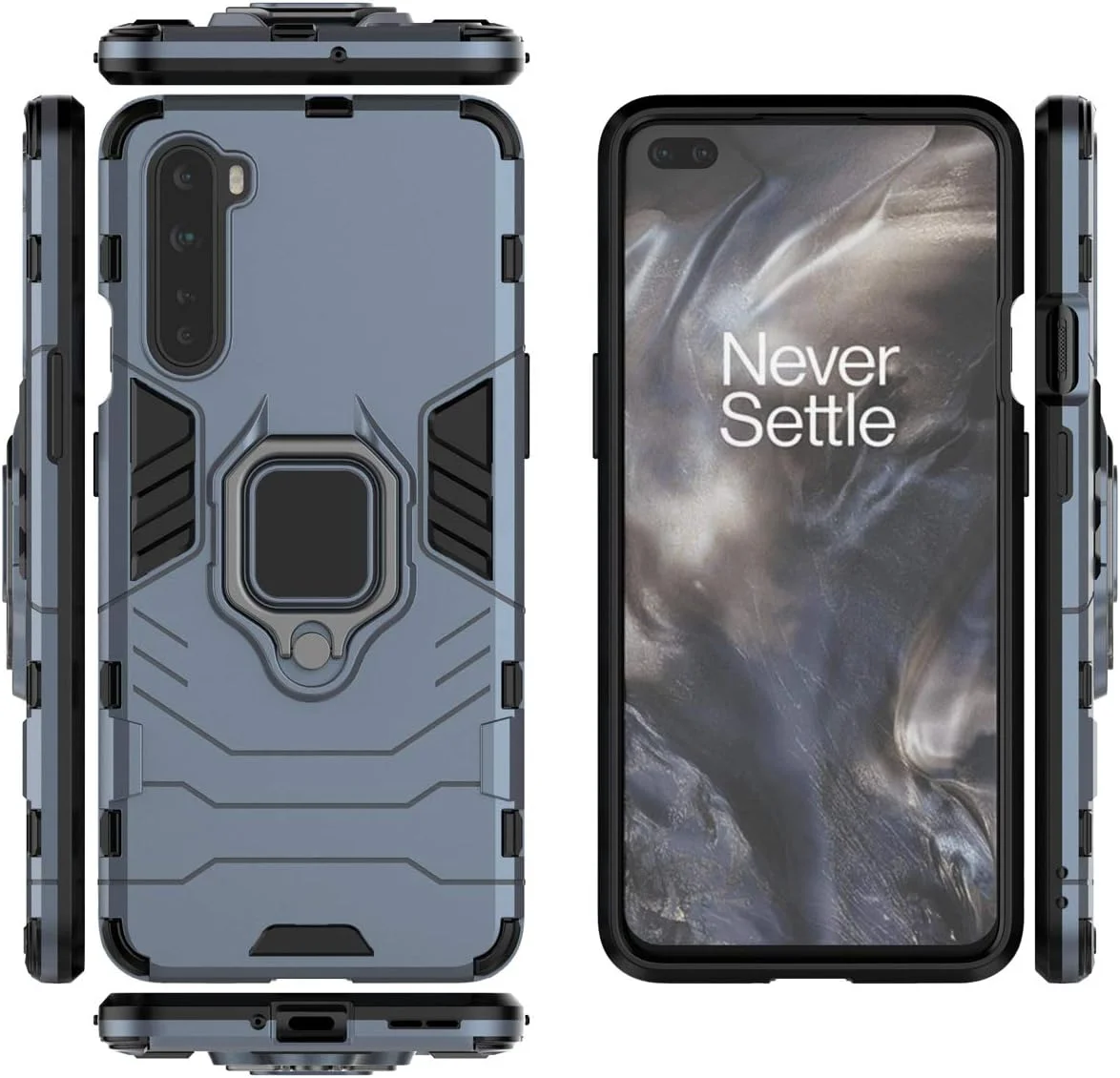 قاب محافظ برای وان پلاس نورد با محافظ صفحه نمایش شیشه ای حرارت دیده، محافظت سنگین و مقاوم در برابر ضربه، دارای پایه تاشو، رنگ سرمه ای