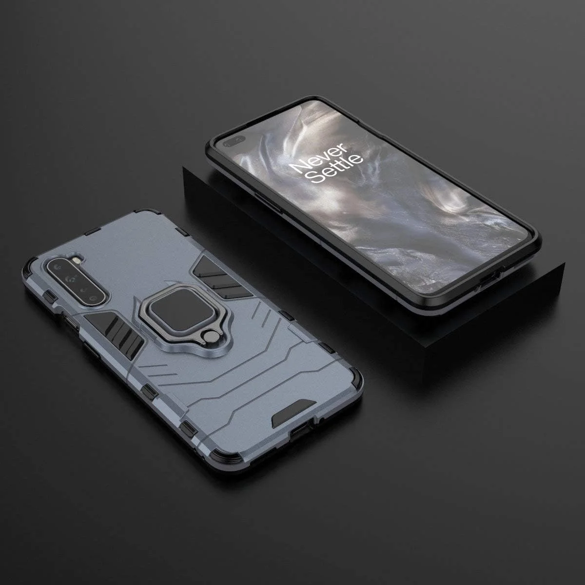 قاب محافظ برای وان پلاس نورد با محافظ صفحه نمایش شیشه ای حرارت دیده، محافظت سنگین و مقاوم در برابر ضربه، دارای پایه تاشو، رنگ سرمه ای