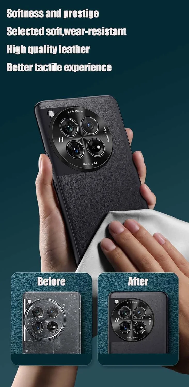 کاور OIATROE برای OnePlus 12، TPU + چرم + محافظ دوربین پشتی 3 در 1 - کاور ضد خش دست ساز برای OnePlus 12 - مشکی