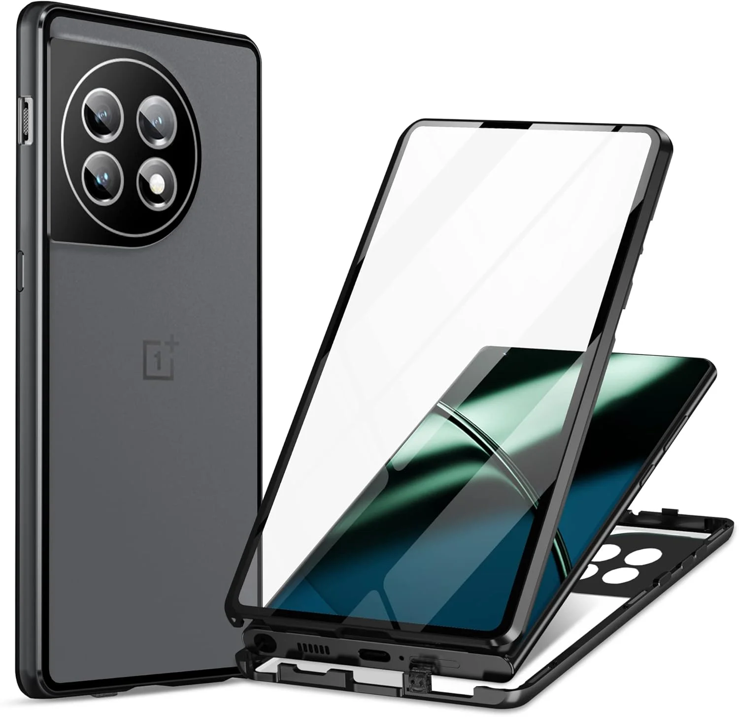 قاب محافظ گوشی وان پلاس 11 5G، شیشه حرارت دیده شفاف + پشت مات PC سخت، ضد لغزش و ضد ضربه، فریم فلزی مغناطیسی، با پوشش کشویی محافظ دوربین برای 1 + 11 5G (مشکی)
