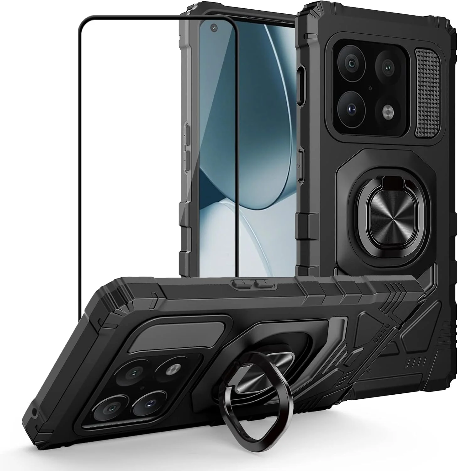 قاب محافظ سازگار با وان پلاس 10 پرو، قاب 1+ 10 پرو با محافظ صفحه نمایش، پایه انگشتی حلقه ای برای هولدر مغناطیسی خودرو، کاور محافظ ضد ضربه و مقاوم برای وان پلاس 10 پرو - مشکی