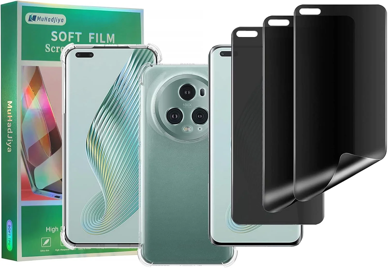 محافظ صفحه نمایش حریم خصوصی نرم MuHadJiya برای آنر مجیک 5 پرو [بسته 4 عددی] به همراه قاب گوشی TPU شفاف، فیلم TPU انعطاف پذیر ضد جاسوسی جایگزین با قاب (برای آنر مجیک 5 پرو 5G)