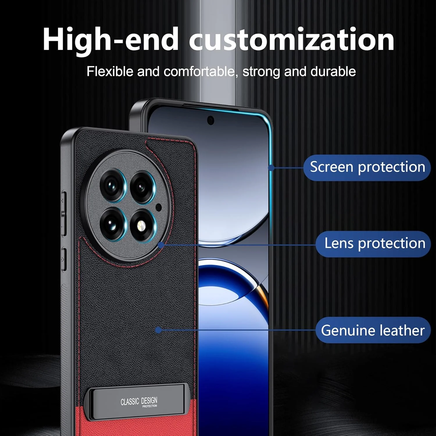 قاب گوشی OnePlus 13 با پایه چرخان، چرم مصنوعی PU + قاب سیلیکونی انعطاف پذیر