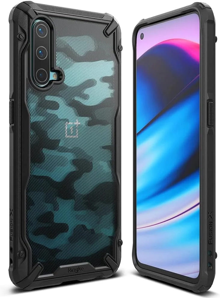 کاور محافظ گوشی Ringke Fusion-X Design سازگار با OnePlus Nord CE 5G، ضد ضربه با پشت سخت و ضربه گیر محکم، فریم TPU با جذب شوک ارگونومیک، مناسب برای OnePlus Nord 2 5G - Camo Black