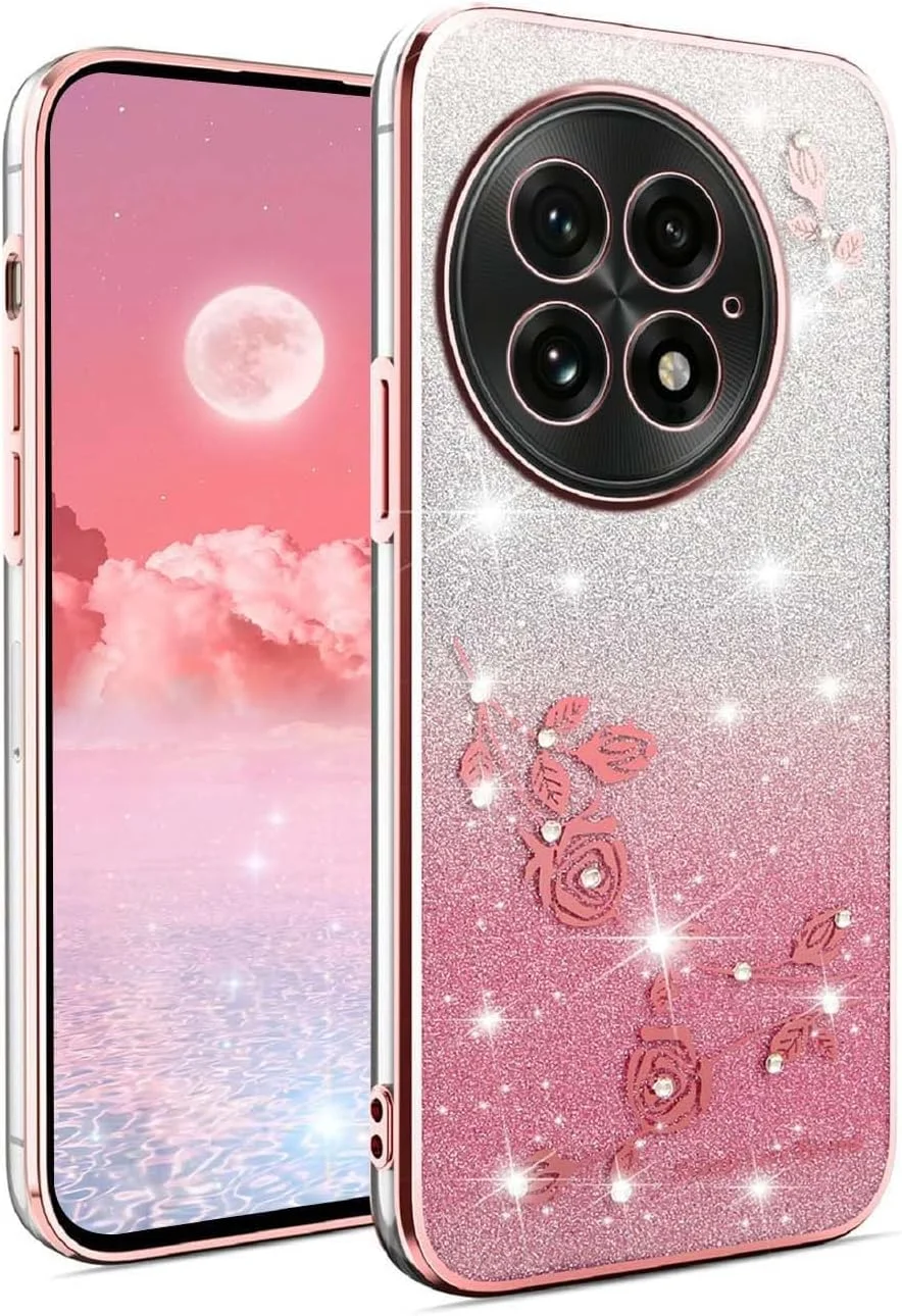 قاب گوشی اکلیلی YUEQIAN برای OnePlus 13 5G، کاور بسیار نازک، شفاف، سیلیکونی و ضد ضربه با طرح گل های الماس درخشان، مناسب برای دختران و بانوان - صورتی