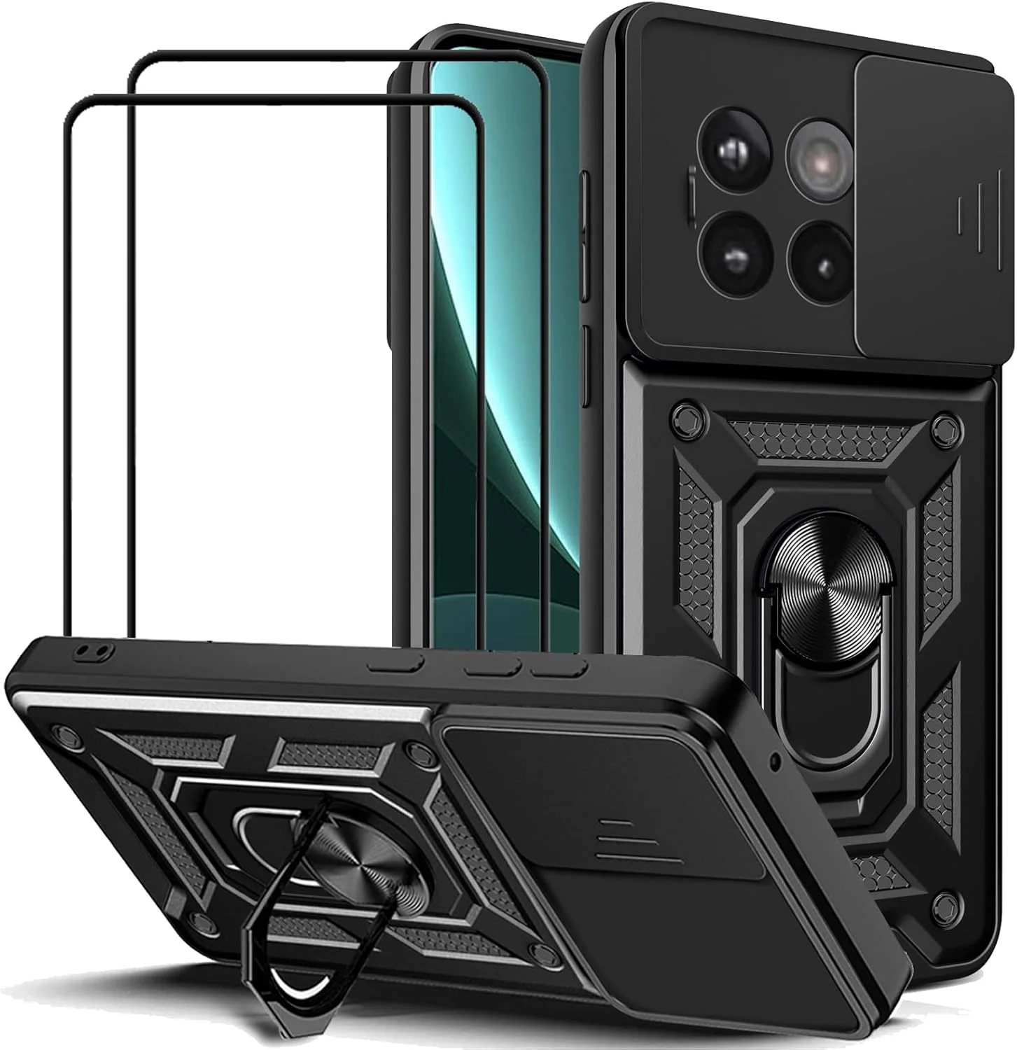 قاب محافظ گوشی وان پلاس 13R 5G با پوشش کشویی دوربین، پایه استند و حلقه به همراه محافظ صفحه نمایش شیشه ای حرارت دیده [2 عدد]، قاب محافظ ضد ضربه با درجه نظامی، مشکی