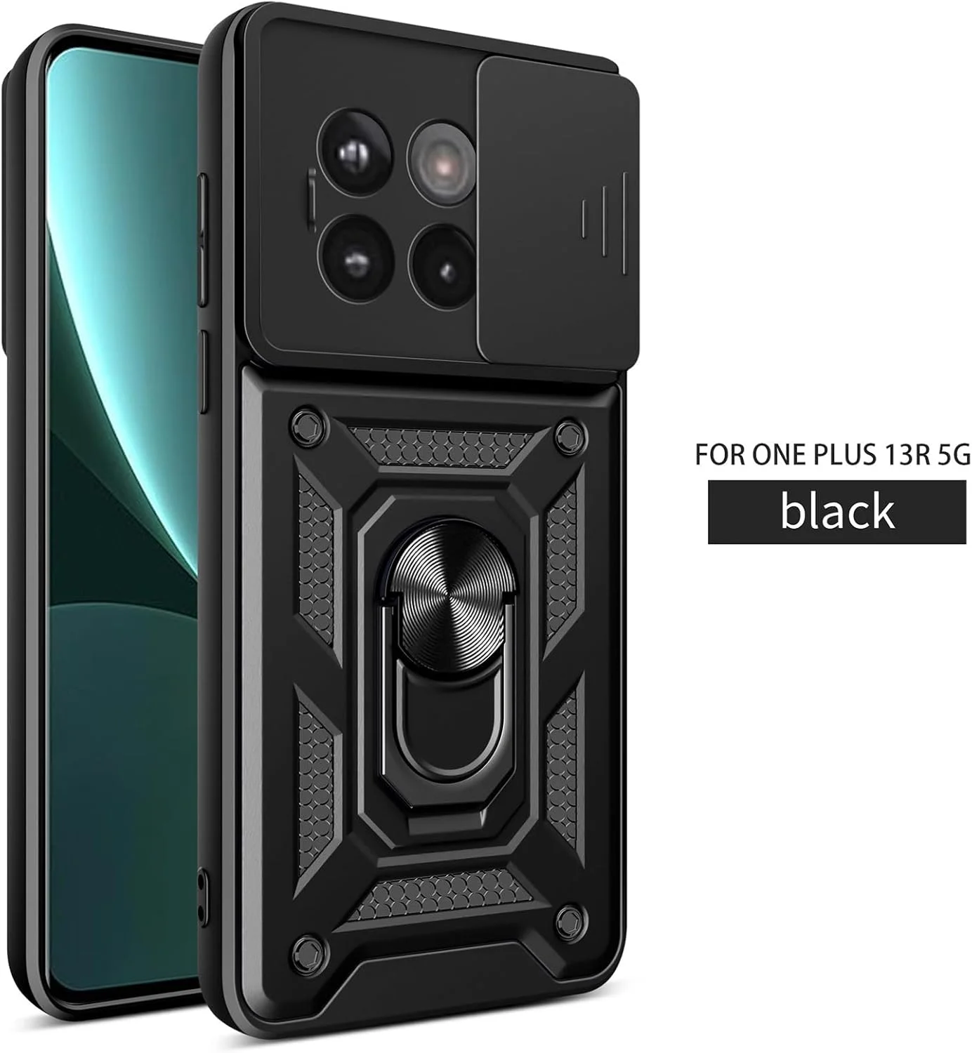 قاب محافظ گوشی وان پلاس 13R 5G با پوشش کشویی دوربین، پایه استند و حلقه به همراه محافظ صفحه نمایش شیشه ای حرارت دیده [2 عدد]، قاب محافظ ضد ضربه با درجه نظامی، مشکی