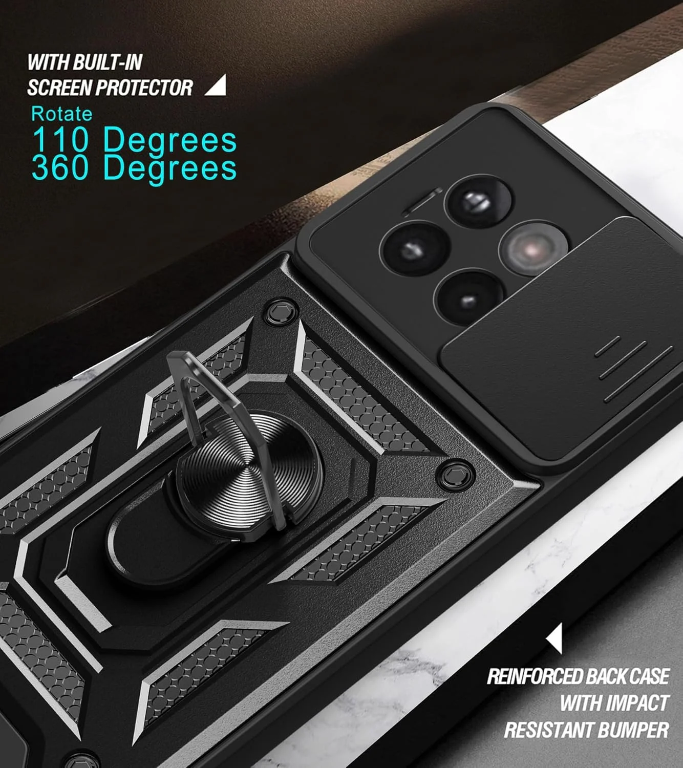 قاب محافظ گوشی وان پلاس 13R 5G با پوشش کشویی دوربین، پایه استند و حلقه به همراه محافظ صفحه نمایش شیشه ای حرارت دیده [2 عدد]، قاب محافظ ضد ضربه با درجه نظامی، مشکی