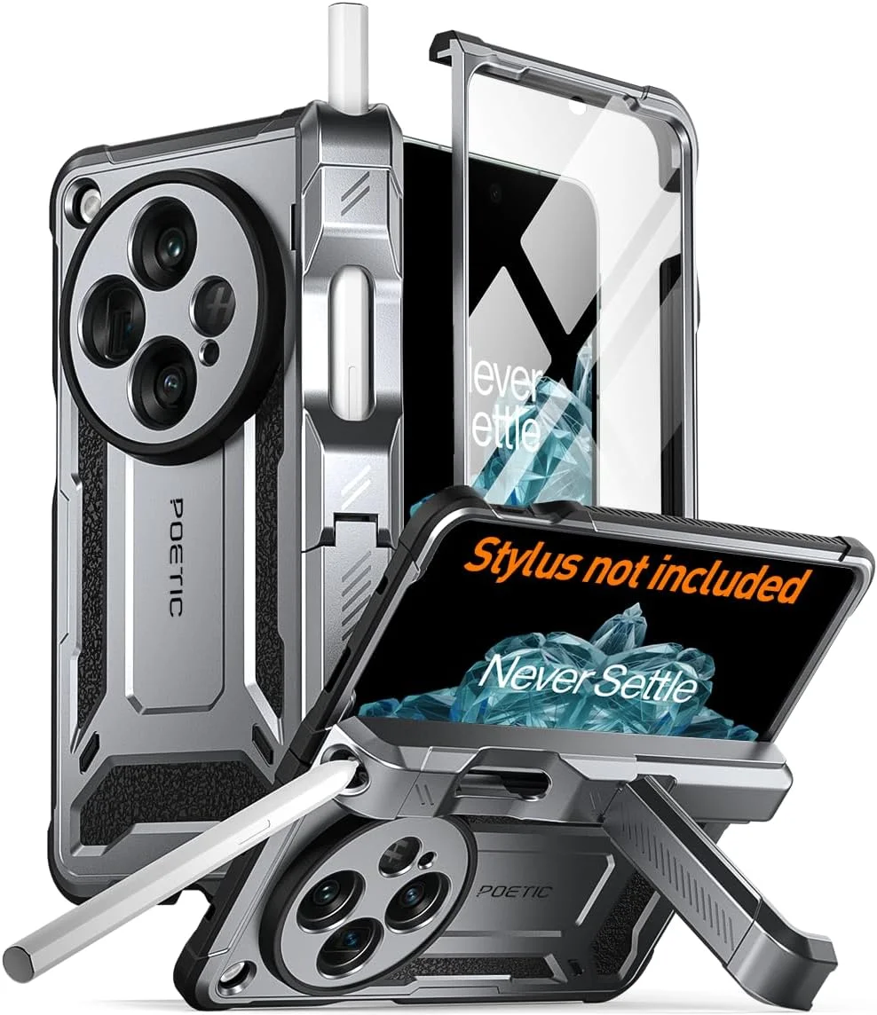 کاور مقاوم و محافظ کامل بدنه Poetic Spartan برای OnePlus Open/Oppo Find N3، [محافظت از لولا] [پایه نگهدارنده] [نگهدارنده قلم Oppo]، دارای محافظ صفحه نمایش داخلی، رنگ Gun Metal