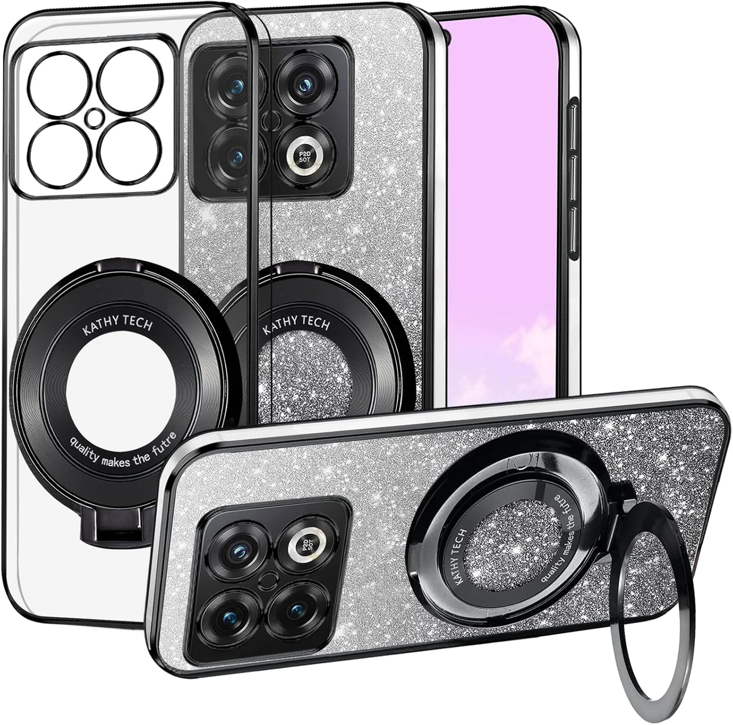 قاب گوشی شفاف اکلیلی Kainevy برای وان پلاس 10 پرو [سازگار با MagSafe] به همراه حلقه استند و پوشش مغناطیسی، قاب سیلیکونی باریک ضد ضربه و درخشان برای زنان و دختران (مشکی)