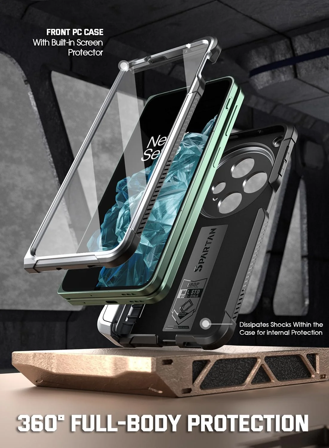 کاور مقاوم و محافظ کامل بدنه Poetic Spartan برای OnePlus Open/Oppo Find N3، [محافظت از لولا] [پایه نگهدارنده] [نگهدارنده قلم Oppo]، دارای محافظ صفحه نمایش داخلی، رنگ Gun Metal