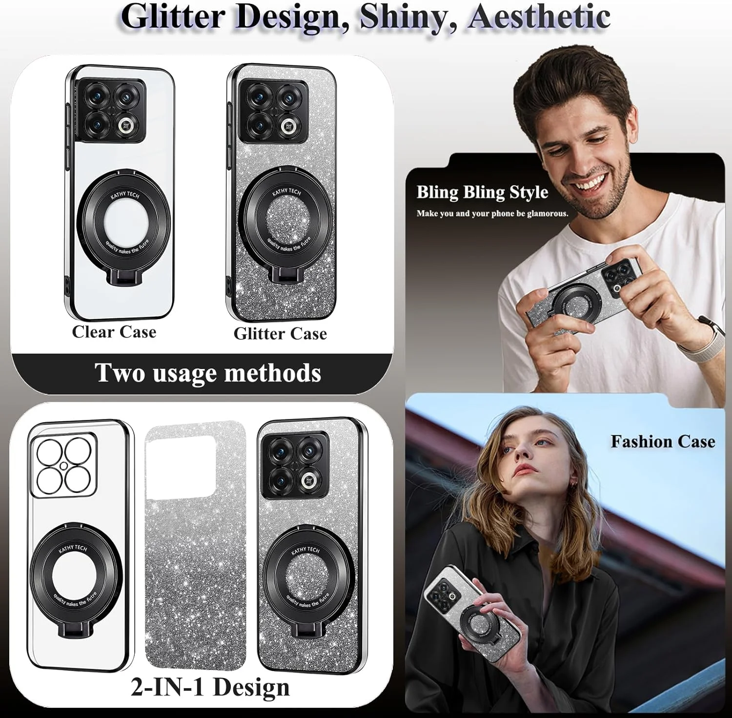 قاب گوشی شفاف اکلیلی Kainevy برای وان پلاس 10 پرو [سازگار با MagSafe] به همراه حلقه استند و پوشش مغناطیسی، قاب سیلیکونی باریک ضد ضربه و درخشان برای زنان و دختران (مشکی)