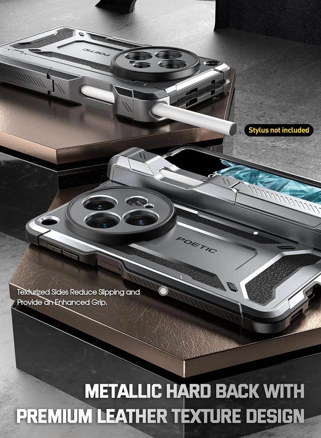 کاور مقاوم و محافظ کامل بدنه Poetic Spartan برای OnePlus Open/Oppo Find N3، [محافظت از لولا] [پایه نگهدارنده] [نگهدارنده قلم Oppo]، دارای محافظ صفحه نمایش داخلی، رنگ Gun Metal