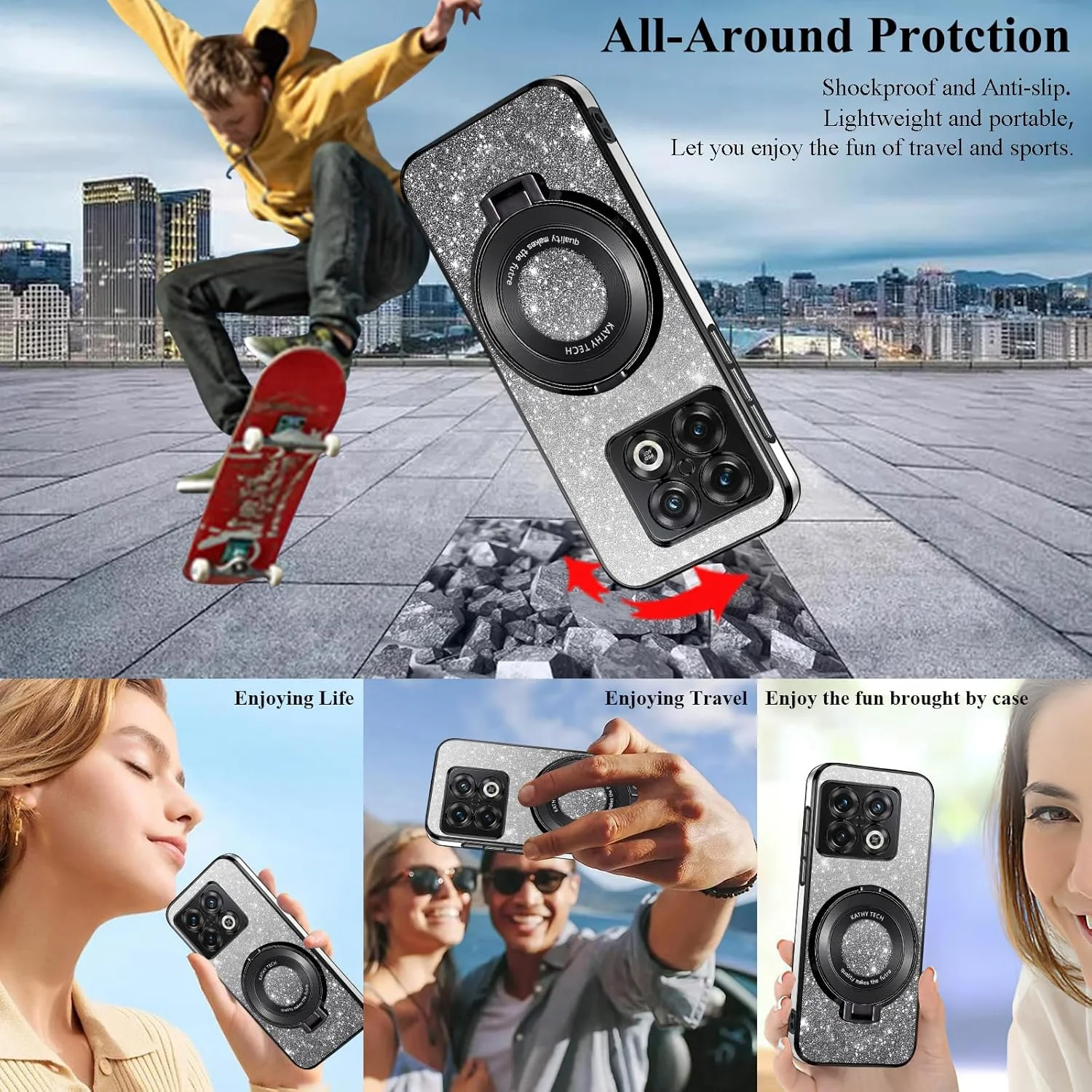 قاب گوشی شفاف اکلیلی Kainevy برای وان پلاس 10 پرو [سازگار با MagSafe] به همراه حلقه استند و پوشش مغناطیسی، قاب سیلیکونی باریک ضد ضربه و درخشان برای زنان و دختران (مشکی)