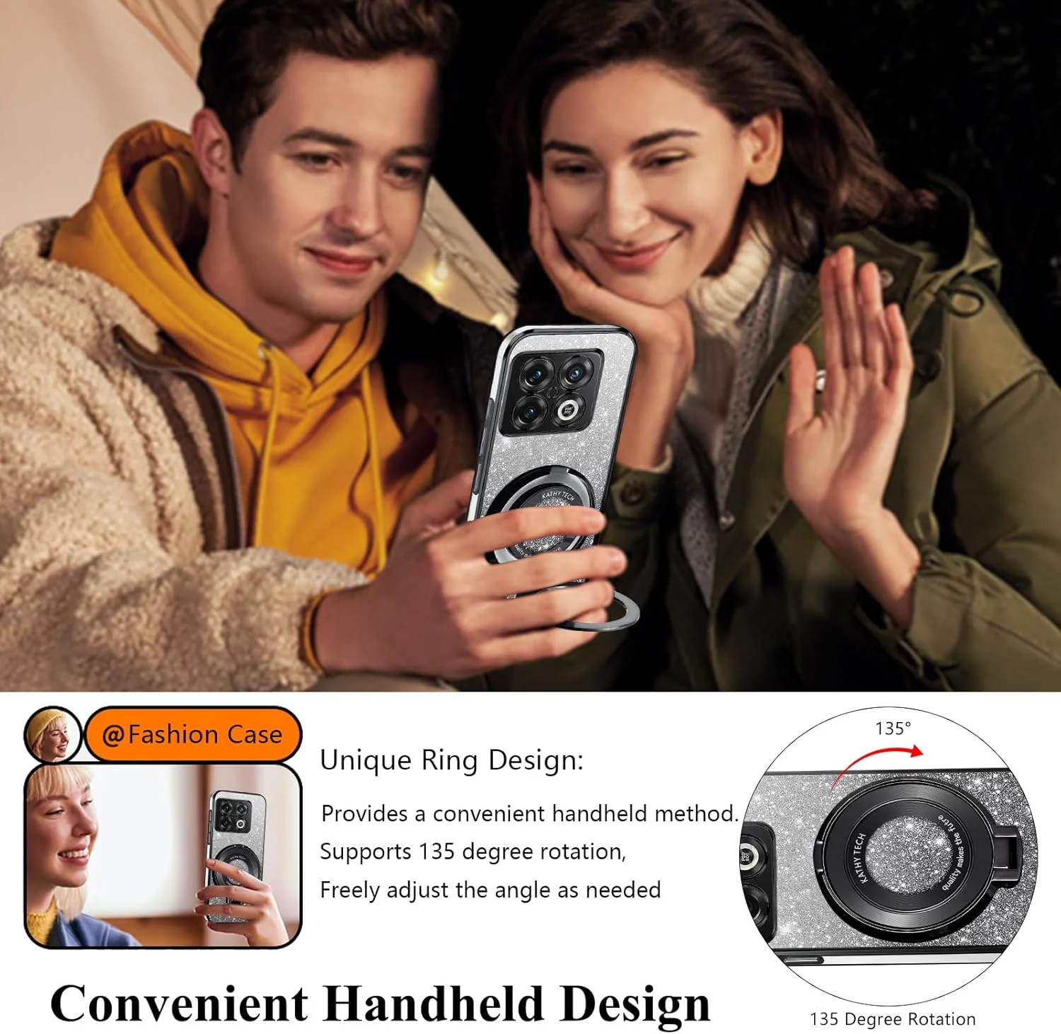 قاب گوشی شفاف اکلیلی Kainevy برای وان پلاس 10 پرو [سازگار با MagSafe] به همراه حلقه استند و پوشش مغناطیسی، قاب سیلیکونی باریک ضد ضربه و درخشان برای زنان و دختران (مشکی)