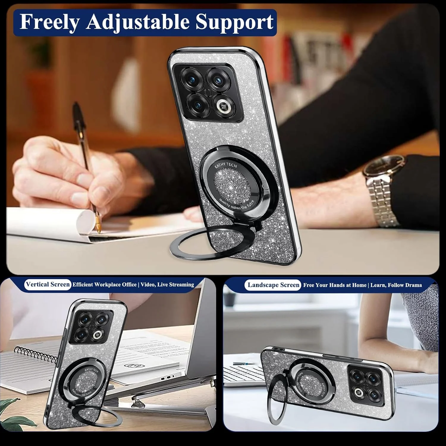 قاب گوشی شفاف اکلیلی Kainevy برای وان پلاس 10 پرو [سازگار با MagSafe] به همراه حلقه استند و پوشش مغناطیسی، قاب سیلیکونی باریک ضد ضربه و درخشان برای زنان و دختران (مشکی)