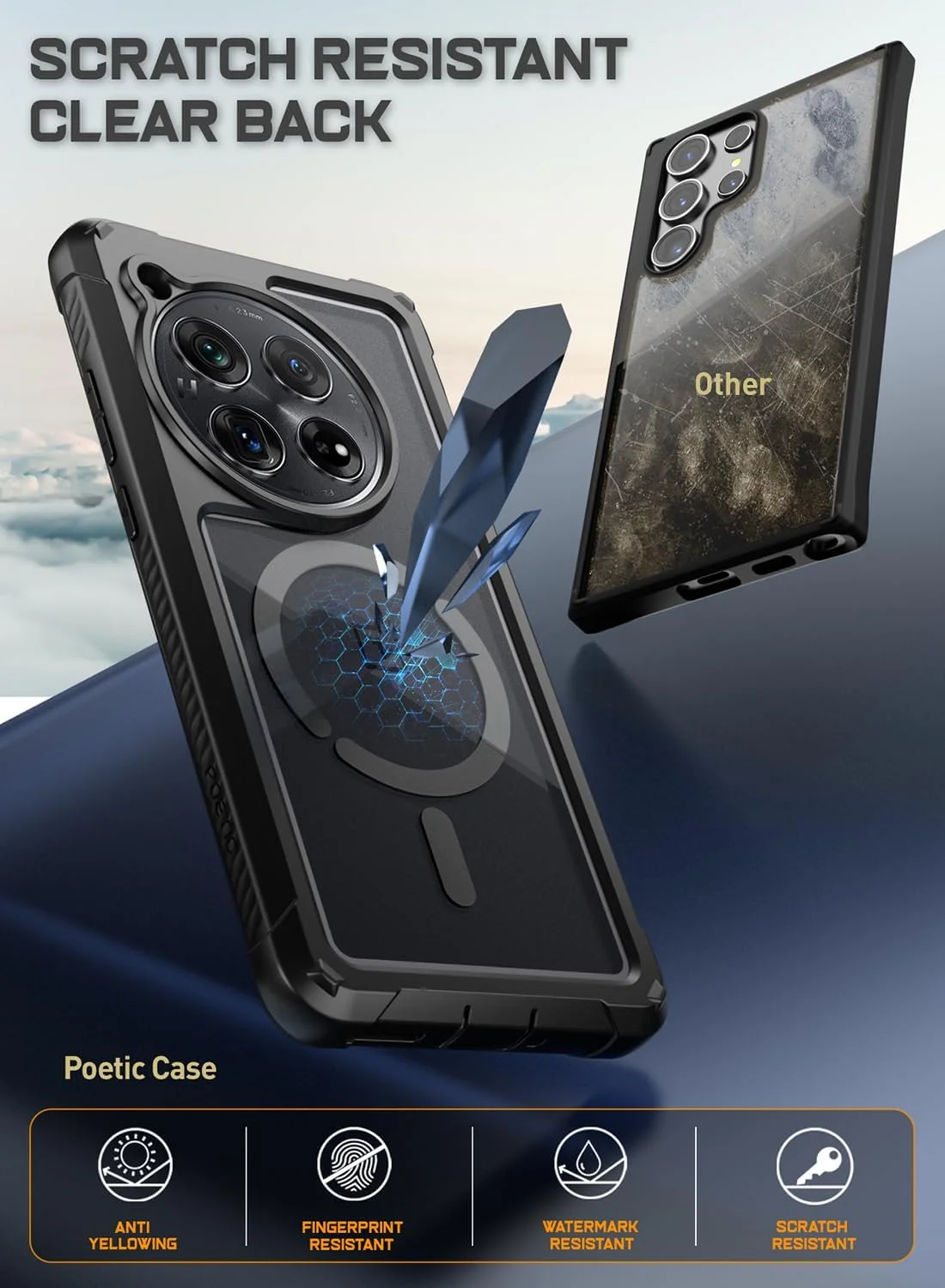 کاور محافظ POETIC Guardian سازگار با OnePlus 12 5G (2024)، محافظ صفحه نمایش داخلی، عملکرد با شناسه اثر انگشت، ضد ضربه، مقاوم، شفاف، کاور هیبریدی تمام بدنه، مشکی/شفاف