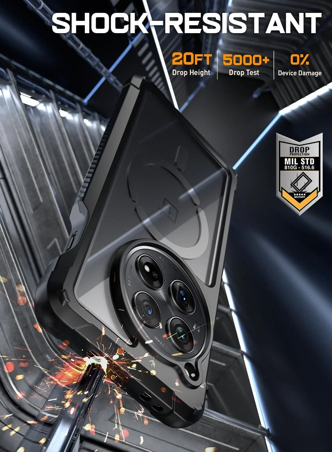 کاور محافظ POETIC Guardian سازگار با OnePlus 12 5G (2024)، محافظ صفحه نمایش داخلی، عملکرد با شناسه اثر انگشت، ضد ضربه، مقاوم، شفاف، کاور هیبریدی تمام بدنه، مشکی/شفاف