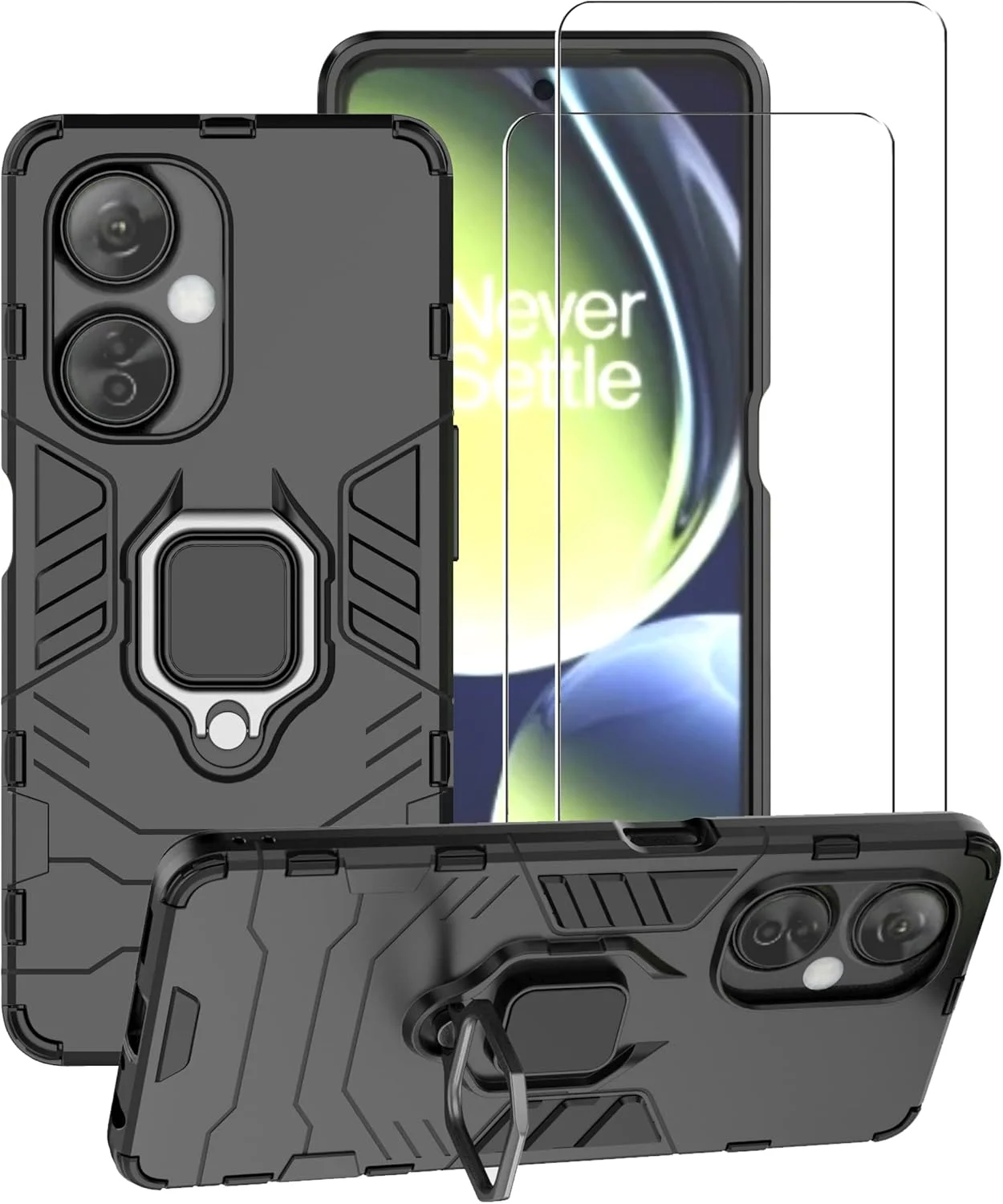 کاور محافظ گوشی ZMONE برای OnePlus Nord CE 3 Lite 5G به همراه محافظ صفحه نمایش شیشه ای [2 عدد]، کاور محافظ دو لایه مقاوم در برابر ضربه با پایه حلقه مغناطیسی - مشکی