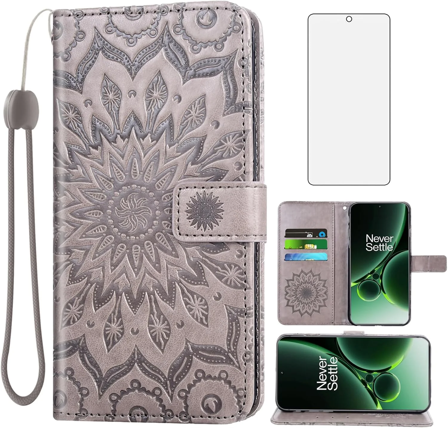 کیف پول گوشی موبایل برای وان پلاس نورد 3 5G به همراه محافظ صفحه نمایش شیشه ای و جلد چرمی باریک تاشو با جای کارت، مناسب برای وان پلاس نورد 3 CPH2493 CPH2491، خاکستری کیف پول گوشی موبایل برای وان پلاس نورد 3 5G به همراه محافظ صفحه نمایش شیشه ای و جلد چرمی باریک تاشو با جای کارت، مناسب برای وان پلاس نورد 3 CPH2493 CPH2491، خاکستری