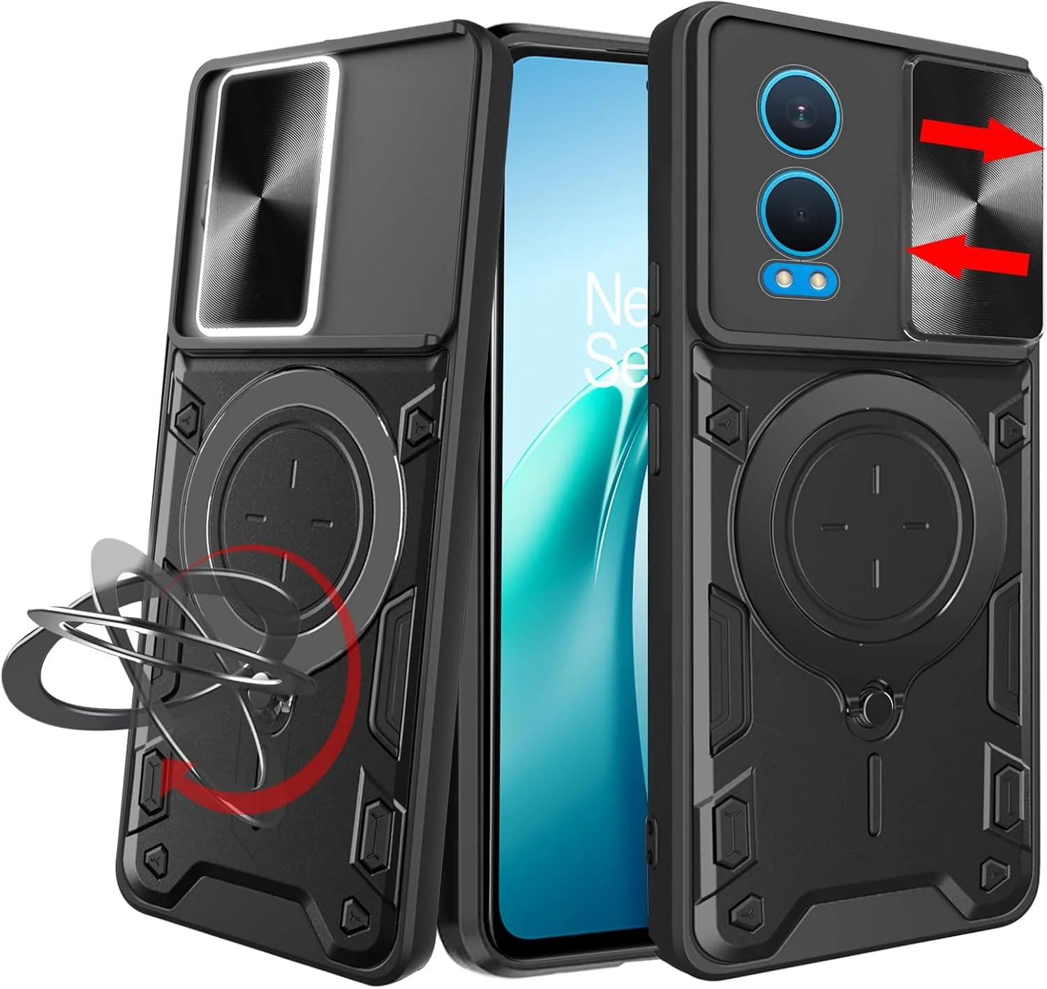 کاور محافظ گوشی KZIOACSH مناسب برای OnePlus Nord CE4 Lite 5G، کاور مقاوم PC+TPU با سپر ضربه گیر [محافظت از دوربین] قاب پشتی ضد خش و مقاوم با هولدر فلزی تقویت شده برای اتصال به پایه نگهدارنده خودرو، مشکی