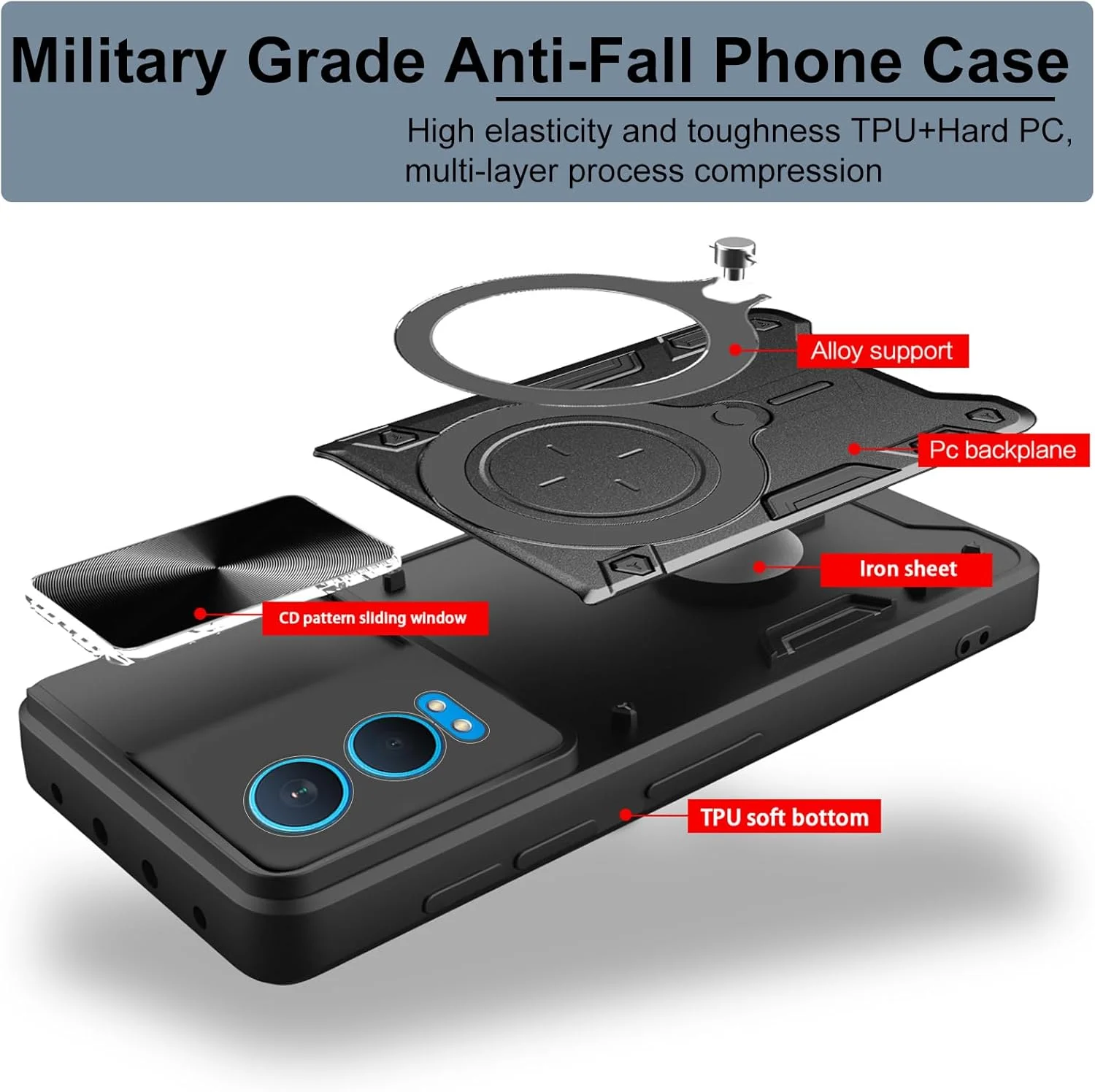 کاور محافظ گوشی KZIOACSH مناسب برای OnePlus Nord CE4 Lite 5G، کاور مقاوم PC+TPU با سپر ضربه گیر [محافظت از دوربین] قاب پشتی ضد خش و مقاوم با هولدر فلزی تقویت شده برای اتصال به پایه نگهدارنده خودرو، مشکی