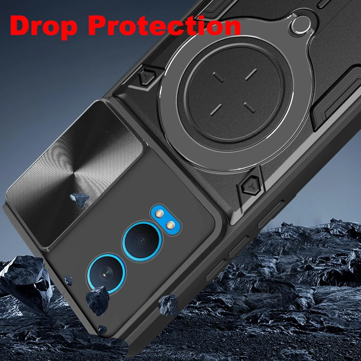 کاور محافظ گوشی KZIOACSH مناسب برای OnePlus Nord CE4 Lite 5G، کاور مقاوم PC+TPU با سپر ضربه گیر [محافظت از دوربین] قاب پشتی ضد خش و مقاوم با هولدر فلزی تقویت شده برای اتصال به پایه نگهدارنده خودرو، مشکی