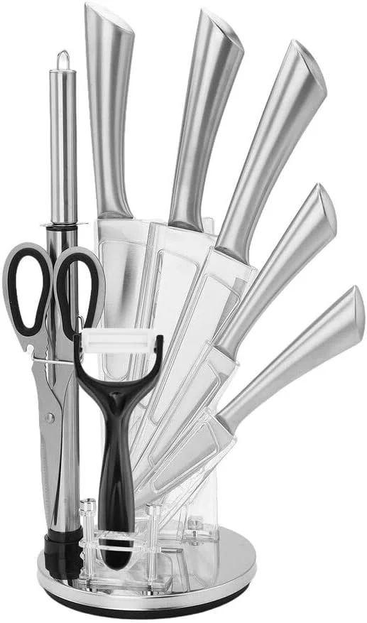 ست چاقوی آشپزخانه 9 پارچه حرفه ای - چاقوهای استیل ضد زنگ با استند آکریلیک چرخشی، شامل ساطور، چاقوی نان، تیزکن و قیچی آشپزخانه - ایده آل برای پخت گوشت و غذاهای عربی