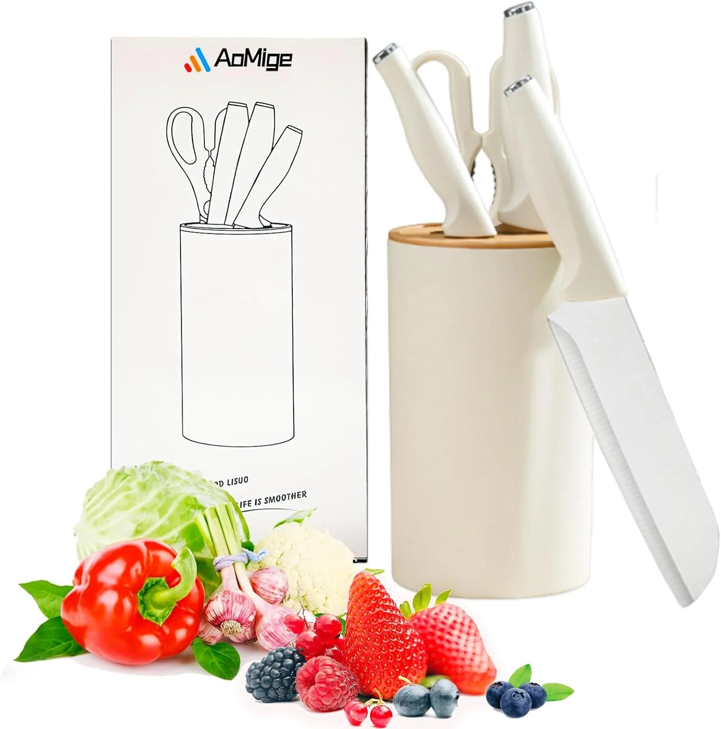 ست چاقوی آشپزخانه 5 تکه سفید با استند - چاقوهای تیز استیل ضد زنگ، نچسب، دسته های ضد لغزش، قابل شستشو در ماشین ظرفشویی - استند چاقوی یونیورسال برای خانه و رستوران