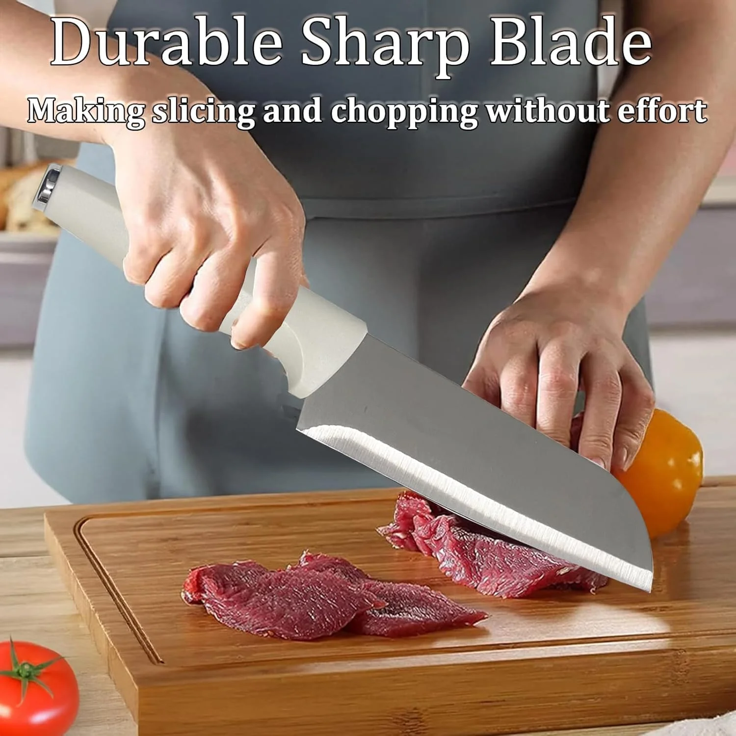 ست چاقوی آشپزخانه 5 تکه سفید با استند - چاقوهای تیز استیل ضد زنگ، نچسب، دسته های ضد لغزش، قابل شستشو در ماشین ظرفشویی - استند چاقوی یونیورسال برای خانه و رستوران