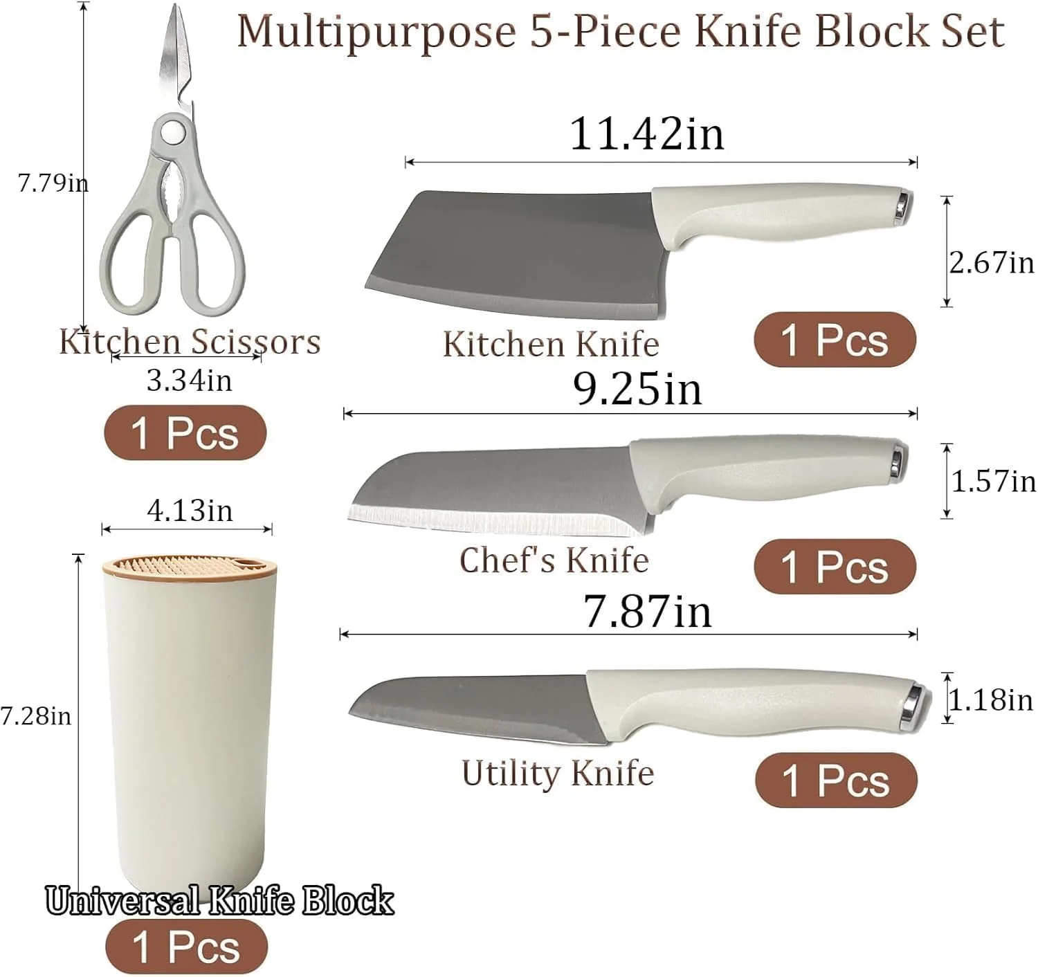 ست چاقوی آشپزخانه 5 تکه سفید با استند - چاقوهای تیز استیل ضد زنگ، نچسب، دسته های ضد لغزش، قابل شستشو در ماشین ظرفشویی - استند چاقوی یونیورسال برای خانه و رستوران