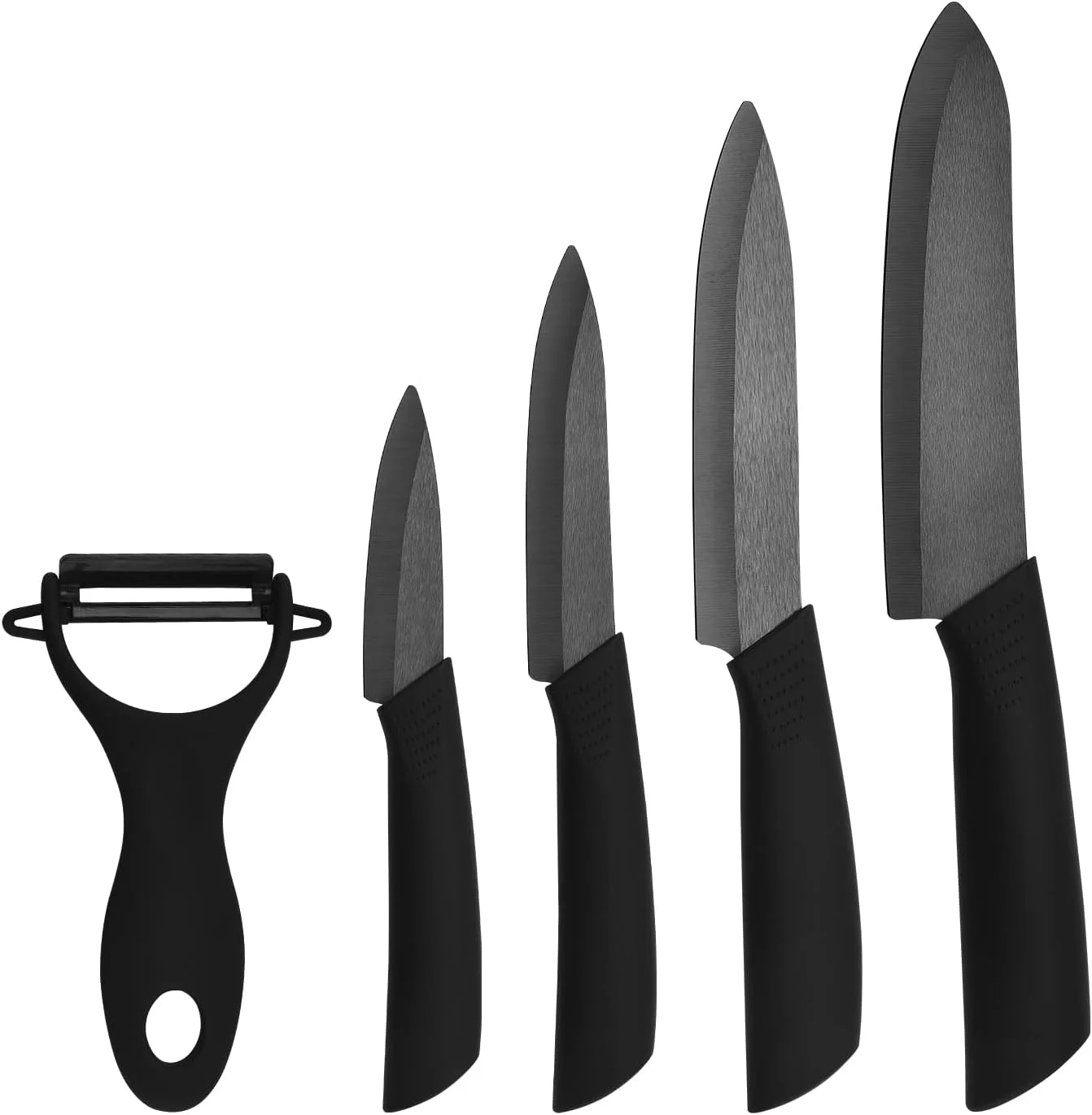 ست چاقوی سرامیکی آشپزخانه، چاقوی حرفه ای با غلاف، فوق العاده تیز، ضد زنگ و مقاوم در برابر لکه (چاقوی سرآشپز 15 سانتی متری، چاقوی کاربردی 12.7 سانتی متری، چاقوی میوه خوری 10 سانتی متری، چاقوی پوست کن 7.7 سانتی متری، یک پوست کن)