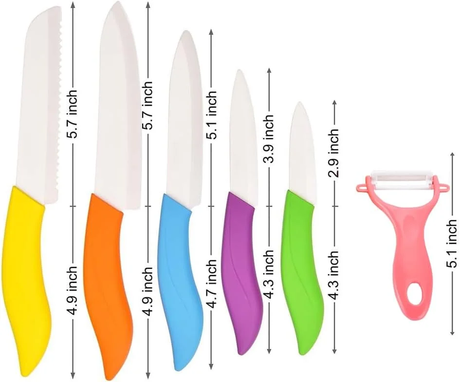 ست چاقوی سرامیکی 6 تکه با روکش رنگی، شامل پوست کن، چاقوی برش 3 اینچی، چاقوی نان، چاقوی سرآشپز کوچک 6 اینچی
