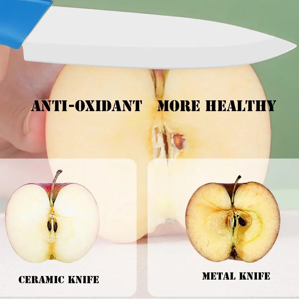 ست چاقوی سرامیکی 6 تکه با روکش رنگی، شامل پوست کن، چاقوی برش 3 اینچی، چاقوی نان، چاقوی سرآشپز کوچک 6 اینچی