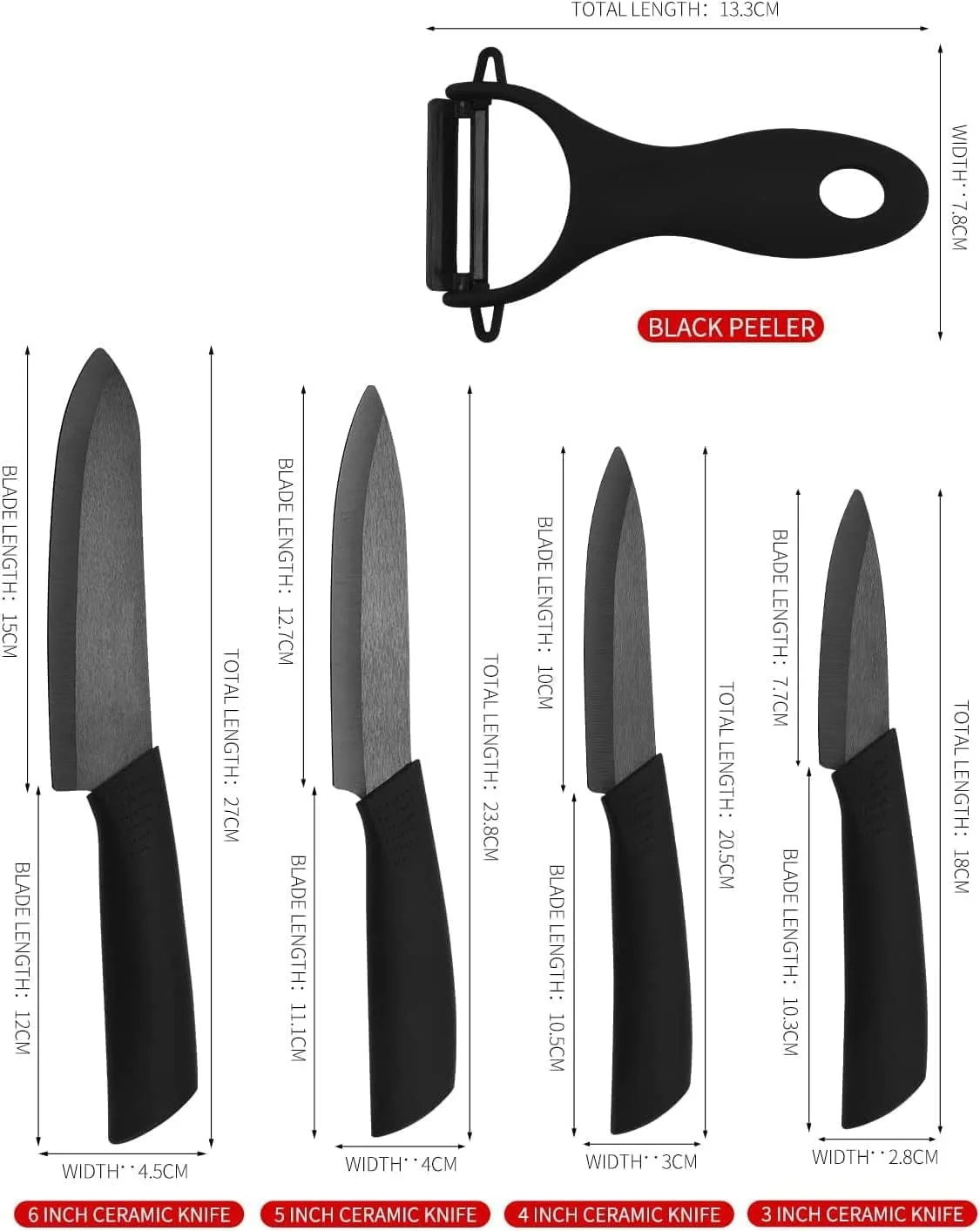 ست چاقوی سرامیکی آشپزخانه، چاقوی حرفه ای با غلاف، فوق العاده تیز، ضد زنگ و مقاوم در برابر لکه (چاقوی سرآشپز 15 سانتی متری، چاقوی کاربردی 12.7 سانتی متری، چاقوی میوه خوری 10 سانتی متری، چاقوی پوست کن 7.7 سانتی متری، یک پوست کن)