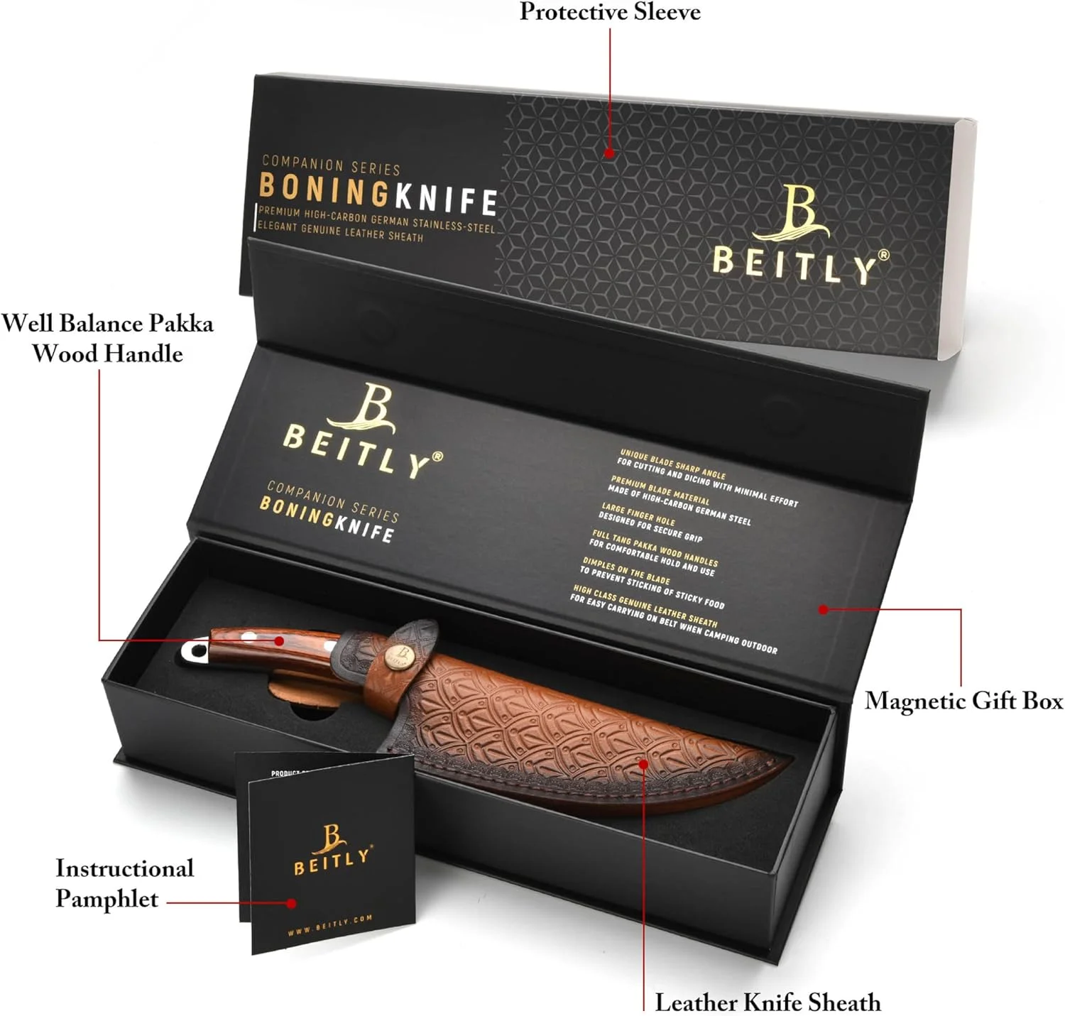 چاقوی استخوان بر 6 اینچی سری Companion، تیغه فولاد ضد زنگ آلمانی با کربن بالا با دسته چوب Pakka و غلاف چرمی اصل، شامل جعبه هدیه لوکس