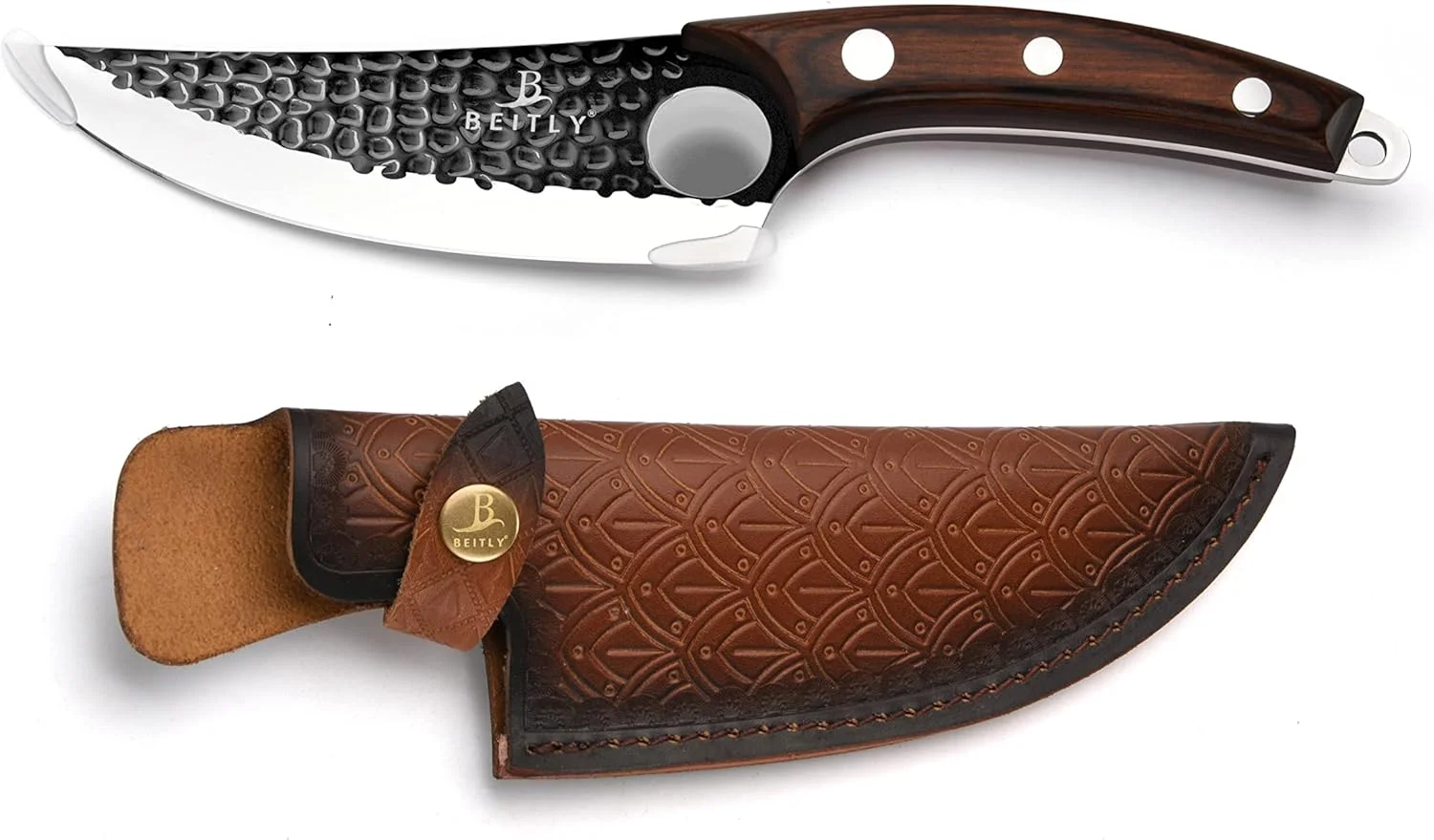 چاقوی استخوان بر 6 اینچی سری Companion، تیغه فولاد ضد زنگ آلمانی با کربن بالا با دسته چوب Pakka و غلاف چرمی اصل، شامل جعبه هدیه لوکس