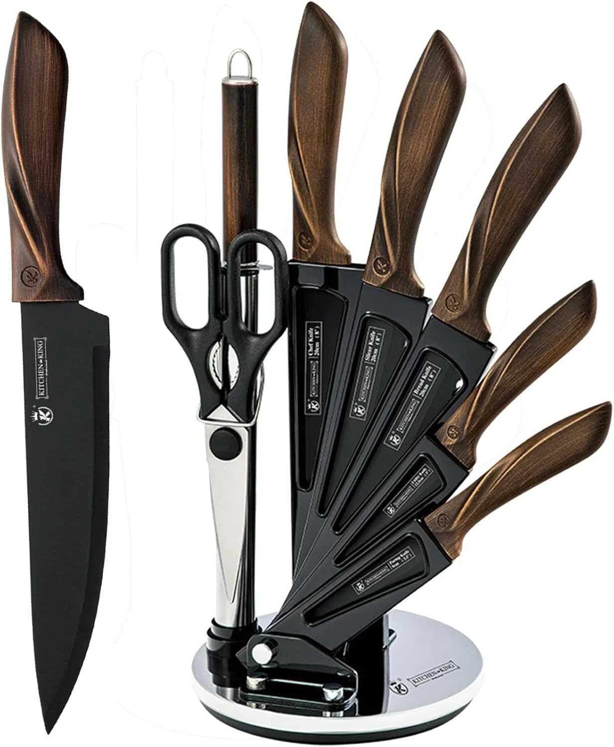 ست چاقوی آشپزخانه 8 تکه + استند چاقو، تیغه مشکی + دسته کلاسیک، ست چاقو با قیچی و تیزکن. خرد کردن گوشت، خرد کردن سبزیجات، برش نان، آماده سازی میوه، باربیکیو، استفاده خانگی و حرفه ای
