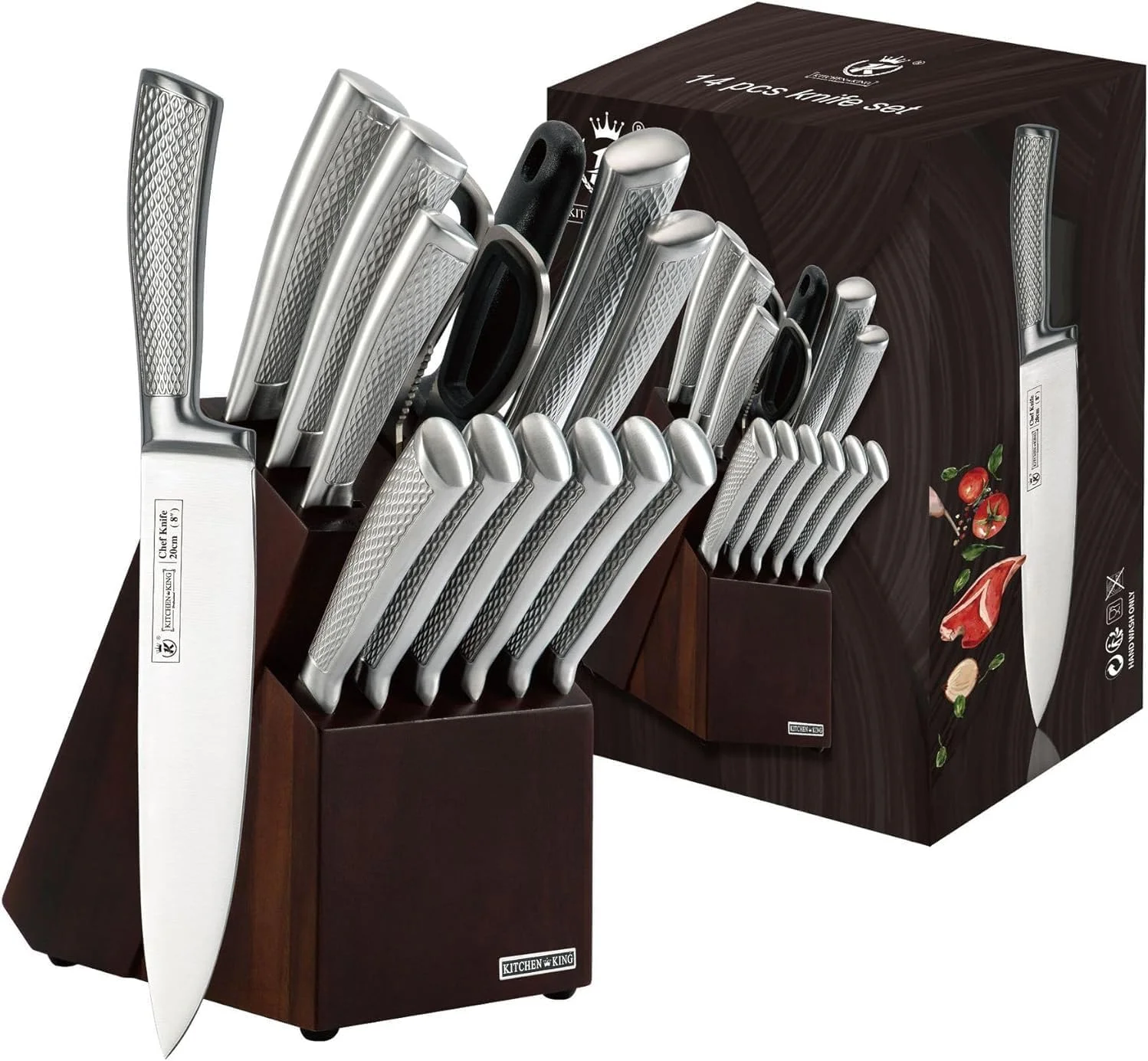 ست چاقوی آشپزخانه 14 تکه با بلوک چوبی، دسته برجسته، به همراه قیچی و تیزکن برای خرد کردن، برش دادن، و کنده کاری در آشپزخانه منزل، رستوران، باربیکیو، کمپینگ، خانه