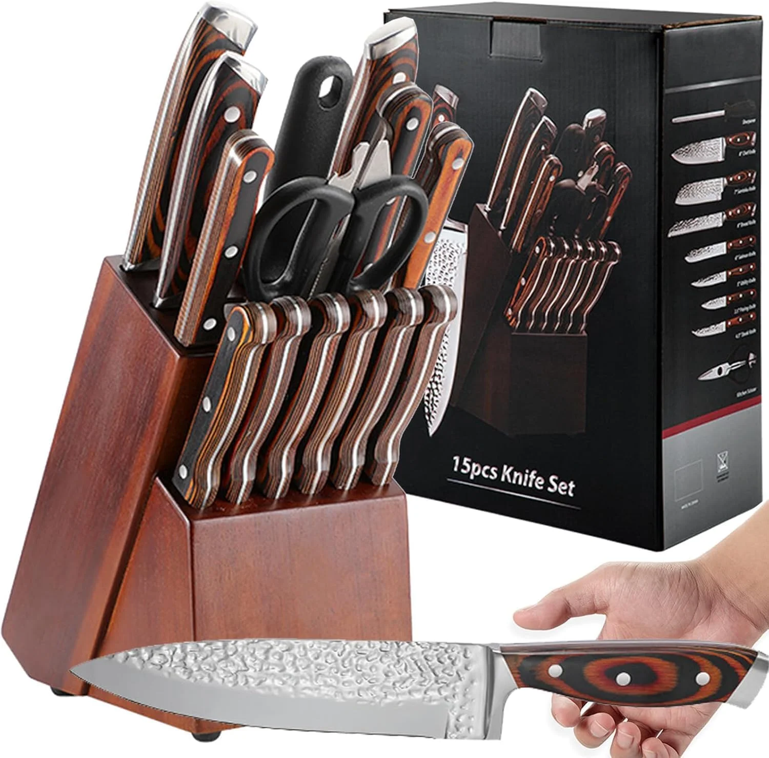 ست چاقوی آشپزخانه 15 تکه با پایه چاقو، چاقوی استیل ضد زنگ چکش کاری شده + دسته چوبی، ست چاقو با قیچی و تیز کننده | مناسب آشپزخانه و رستوران، باربیکیو، کمپینگ، برش گوشت، سبزیجات و نان