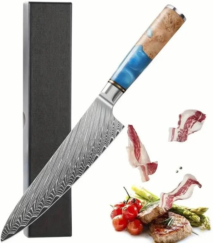 چاقوی آشپزخانه دمشقی 8 اینچی، ساخته شده از فولاد کربنی بالا VG10 با دسته چوبی رزینی ارگونومیک (چاقوی آشپز 8 اینچی)